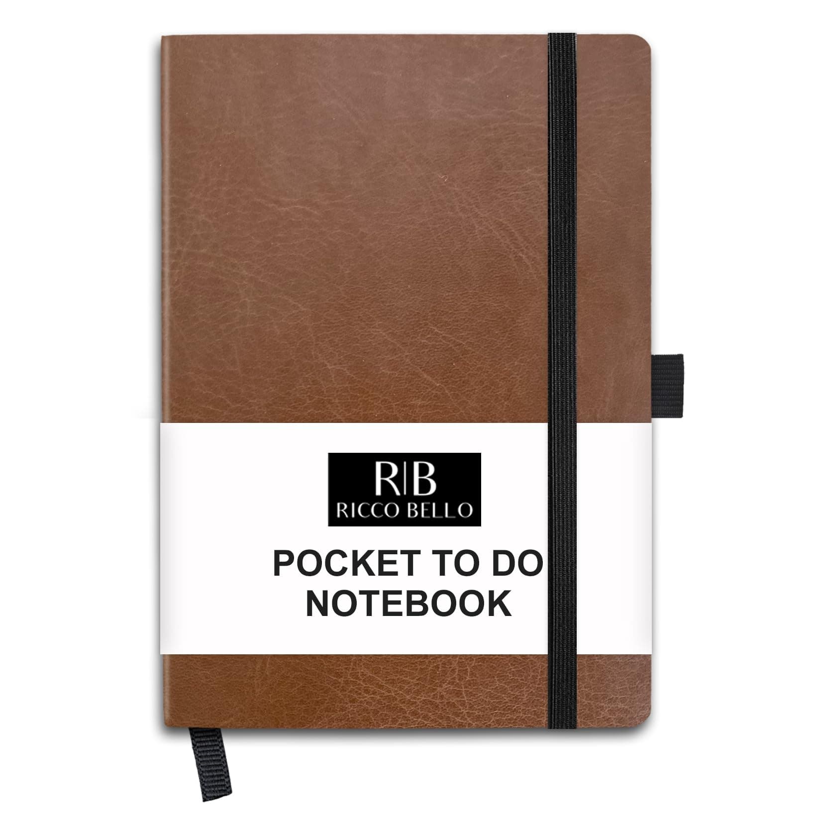 RICCO BELLO Hardcover Pocket to Do List, Undated, Faux Leather Notebook with Pen Holder, For Work, School, Home, Productivity Planner, 4.25 x 6 inches (Brown)