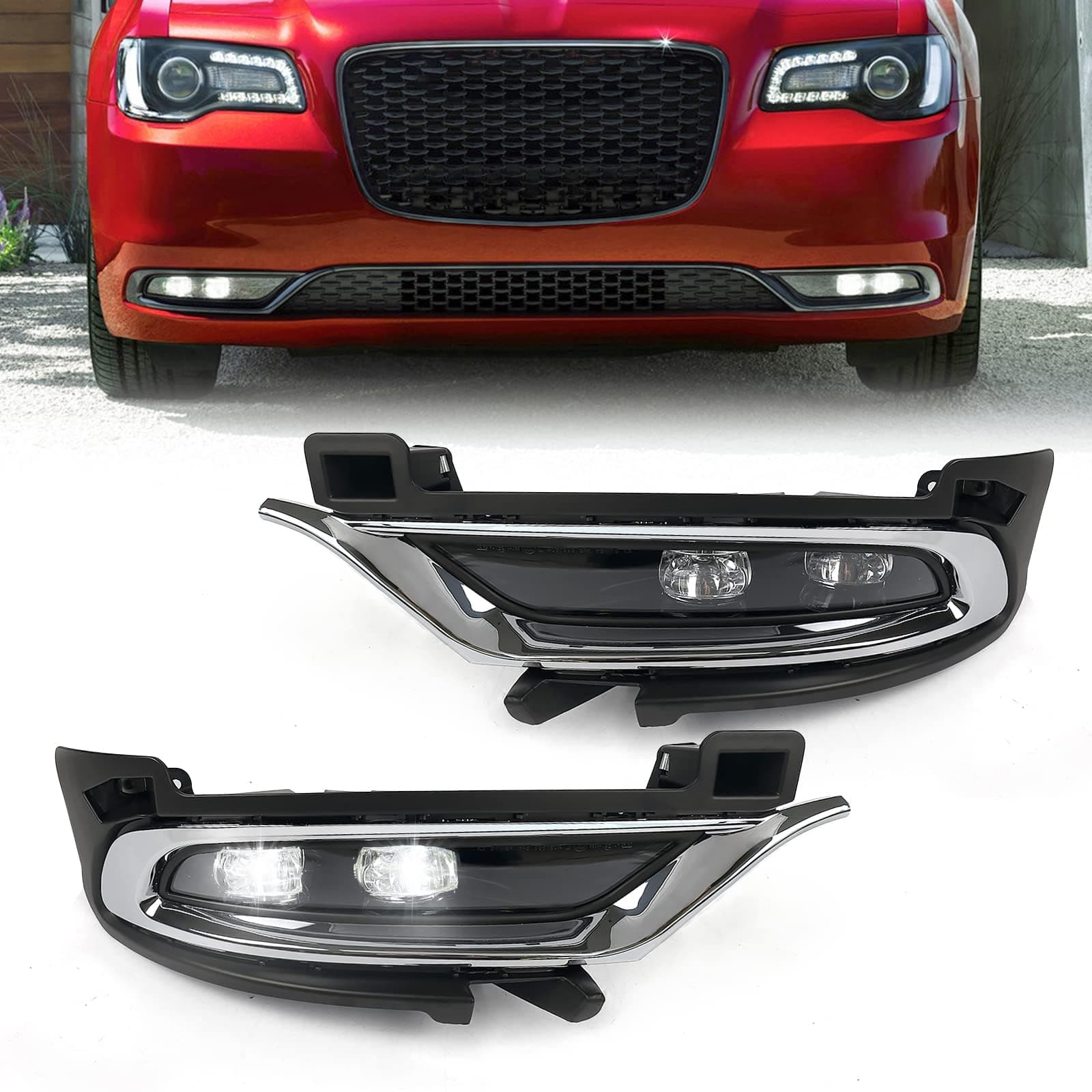 Fog Lights Compatible with Chrysler 300 2015 2016 2017 2018 2019 2020 2021 2022 2023 2024 LED Daytime Running Lamps w/Trim Bezels Left Driver & Right Passenger Side 68294009AA 68294008AA