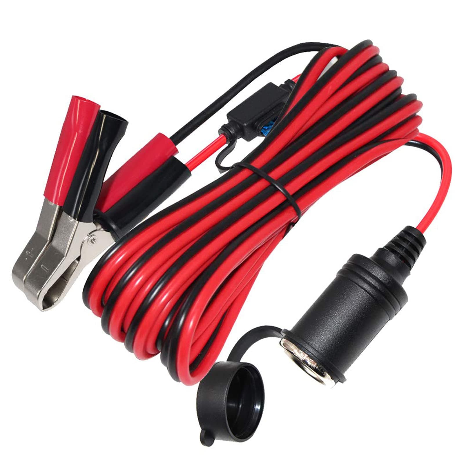 SPARKING 12FT 12V Female Car Socket Extension Cord with Battery Alligator Clips Car Battery Clip-on Extension Cable, 15A Fuse (12FT)