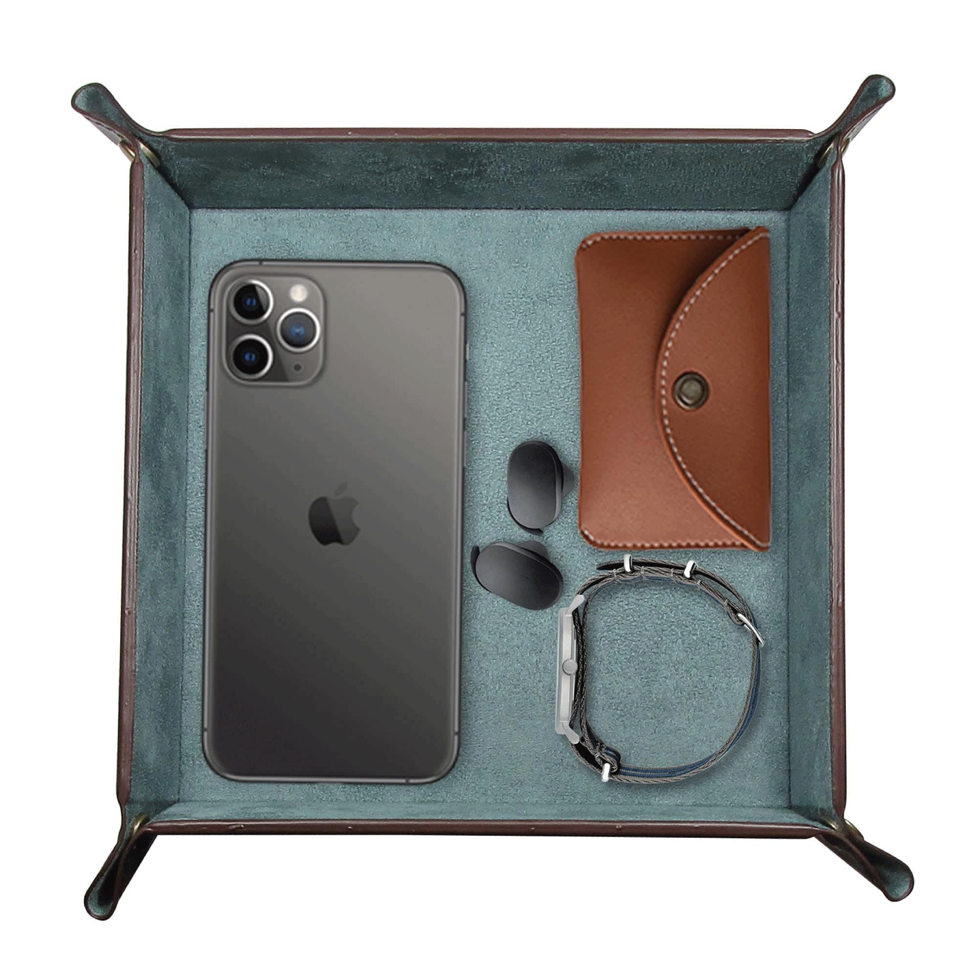 LEART Leather Valet Tray Organizer for Men and Women - Home and Office, Desk and Bedside Catchall holder for Wallets, Jewelry, Watches, Keys, Coins, Mobile, Cosmetics, TV Remote (Jade Green)