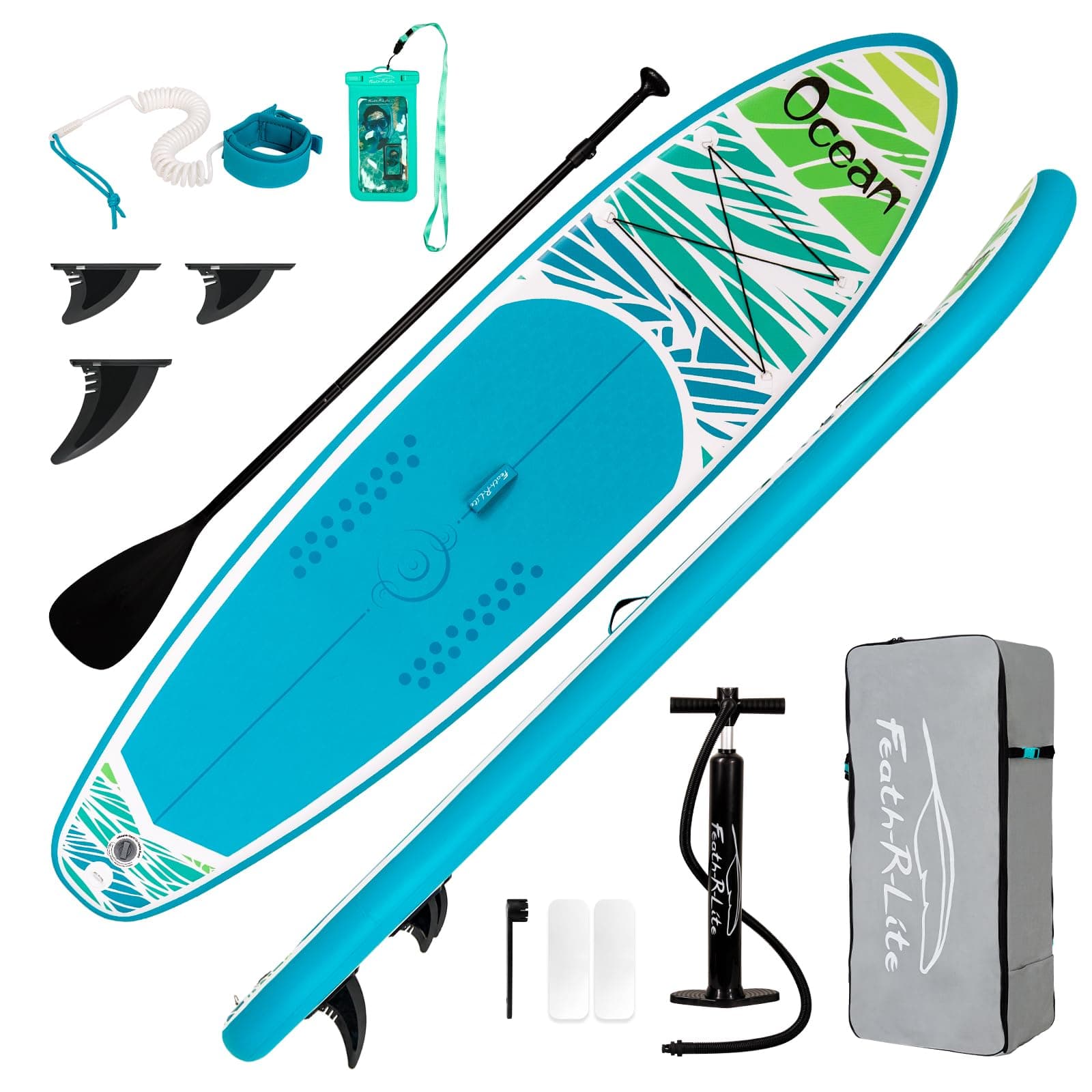 FEATH-R-LITE Inflatable Stand Up Paddle Board Ultra-Light SUP with Accessories Adj Paddle, ISUP Backpack, Pump, Phone Bag, Leash, Non-Slip Deck pad Youth & Adult