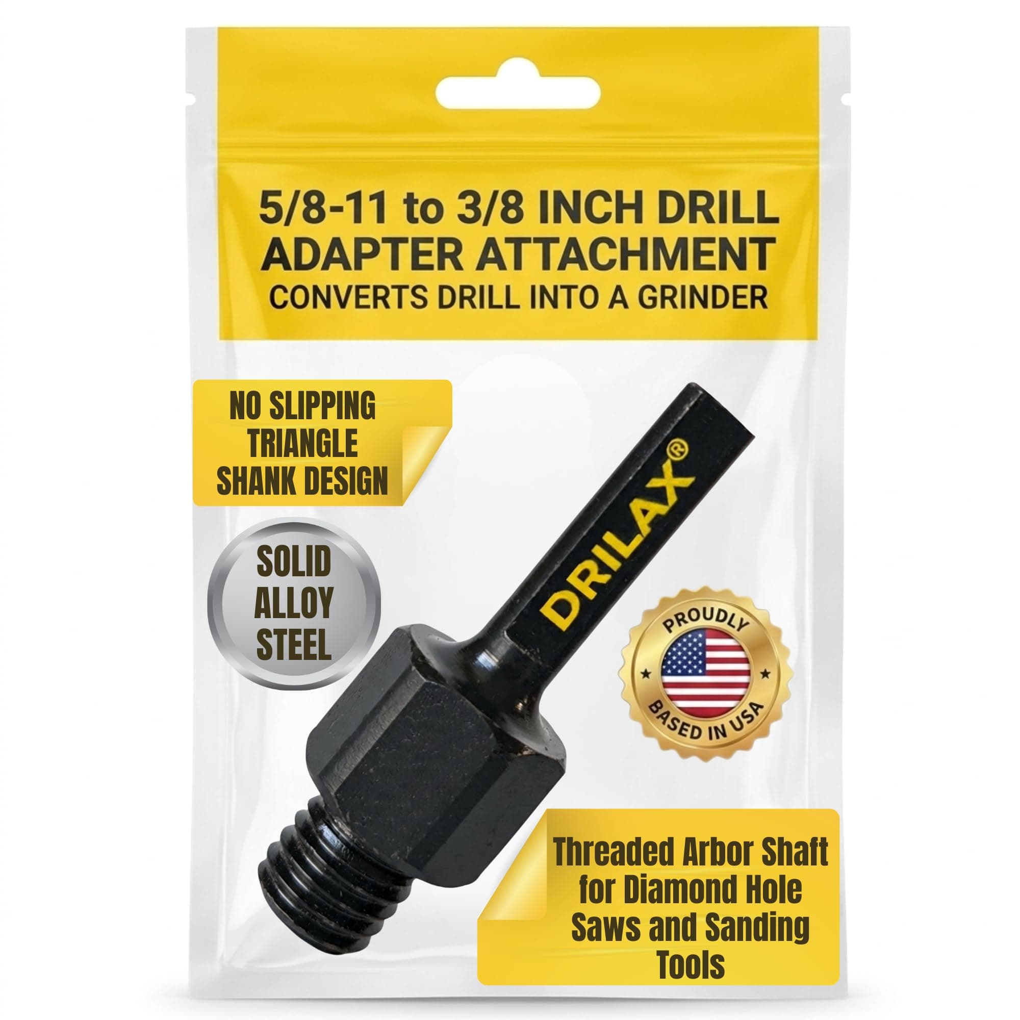 Drilax 5/8-11 to 3/8 inch Drill Adapter Attachment, Threaded Arbor Shaft for Diamond Hole Saws and Sanding Tools, 5/8-11 Male to 3/8 Triangle Shank Professional Results for Home Renovations DIY Jobs