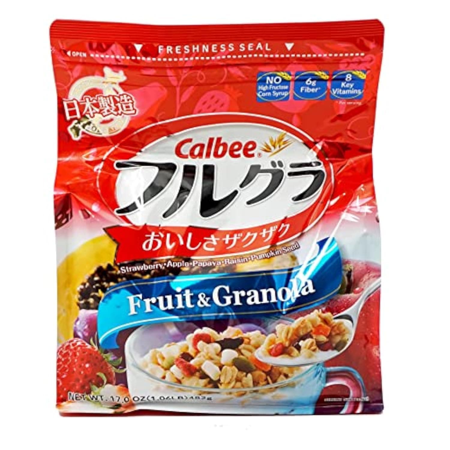 Calbee Frugra Original, Fruit Granola, 16oz Stawberry, Papaya, Apple, Raisin, Pumpkin Seed, Oats, Rye, Brown Genbai Rice, Wheats, Corn Flour, Almonds, Coconuts (1 Pack)