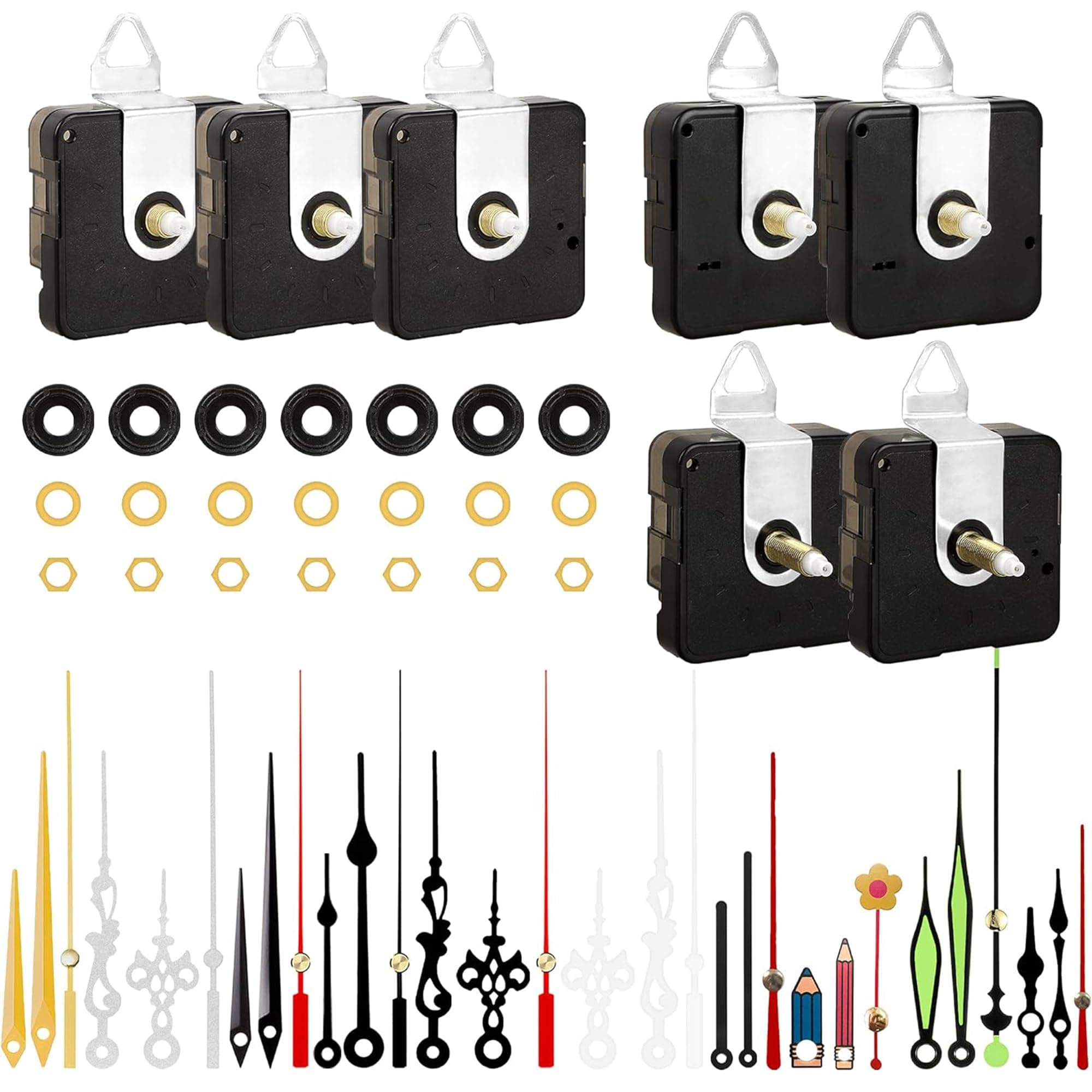ZHAO 7pcs High Torque Quartz Clock Movement Mechanism Replacement Clock Kit with 10 Different Pairs of Hands Clock for DIY Handicrafts Repair Clock Parts Shaft Lengths 12mm 15.5mm 21.5mm