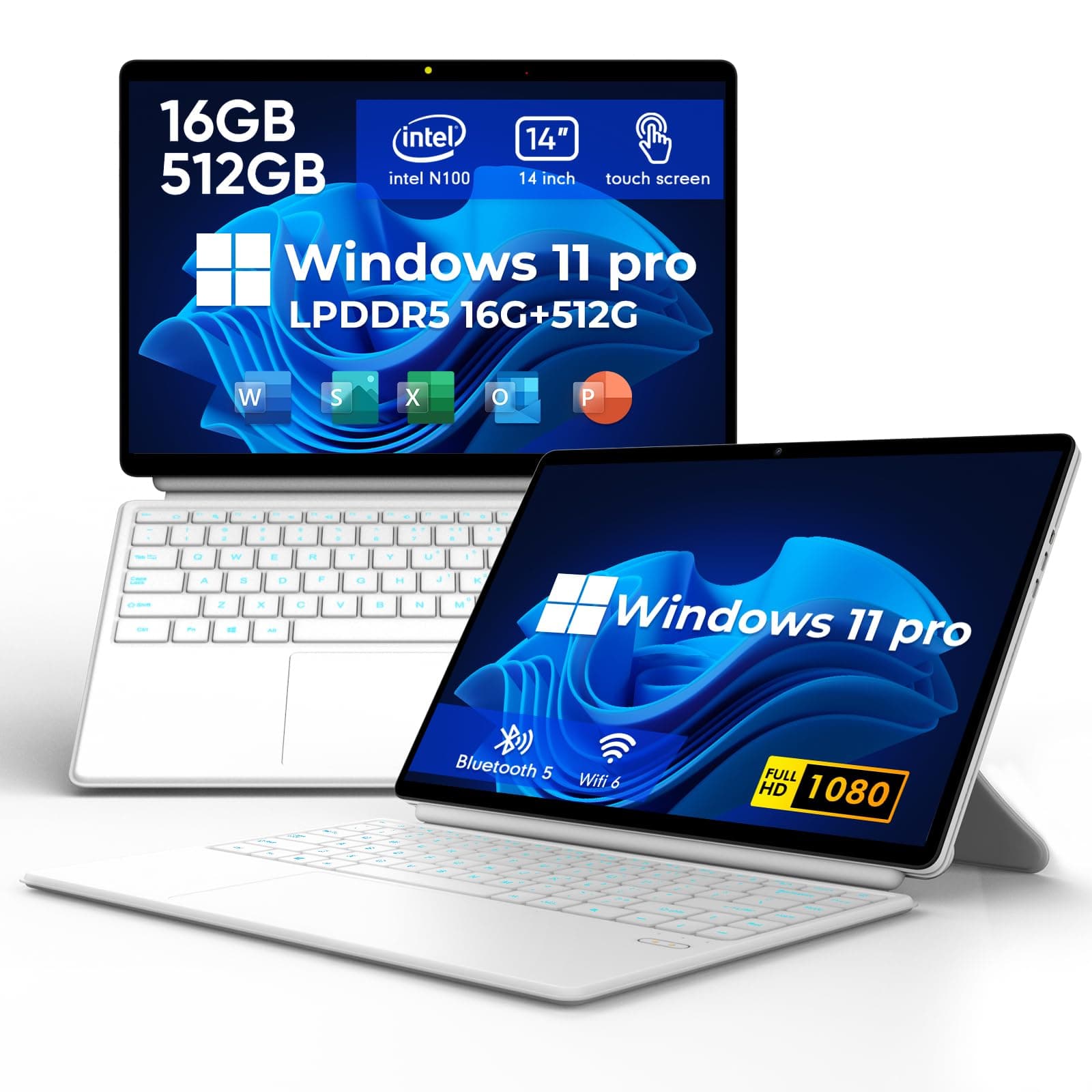 EYY14" 2 in 1 Touchscreen Laptop, Intel N100 (UP to 3.40GHz), 16GB LPDDR5 512GB SSD Windows Tablet, 16:10 1920*1200 Laptop Computer, Wifi 6, BT5.2, HDMI, Windows 11 Pro, Backlit Keyboard, Dual Camera