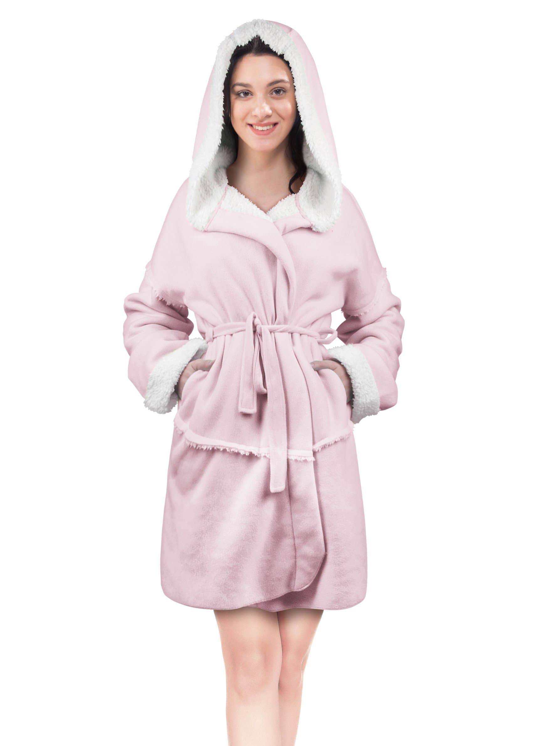 Catalonia Classy Hooded Short Plush Sherpa Bathrobe for women, Fleece Soft Warm Robe Fuzzy Fluffy Dressing Gown with Pockets Pink