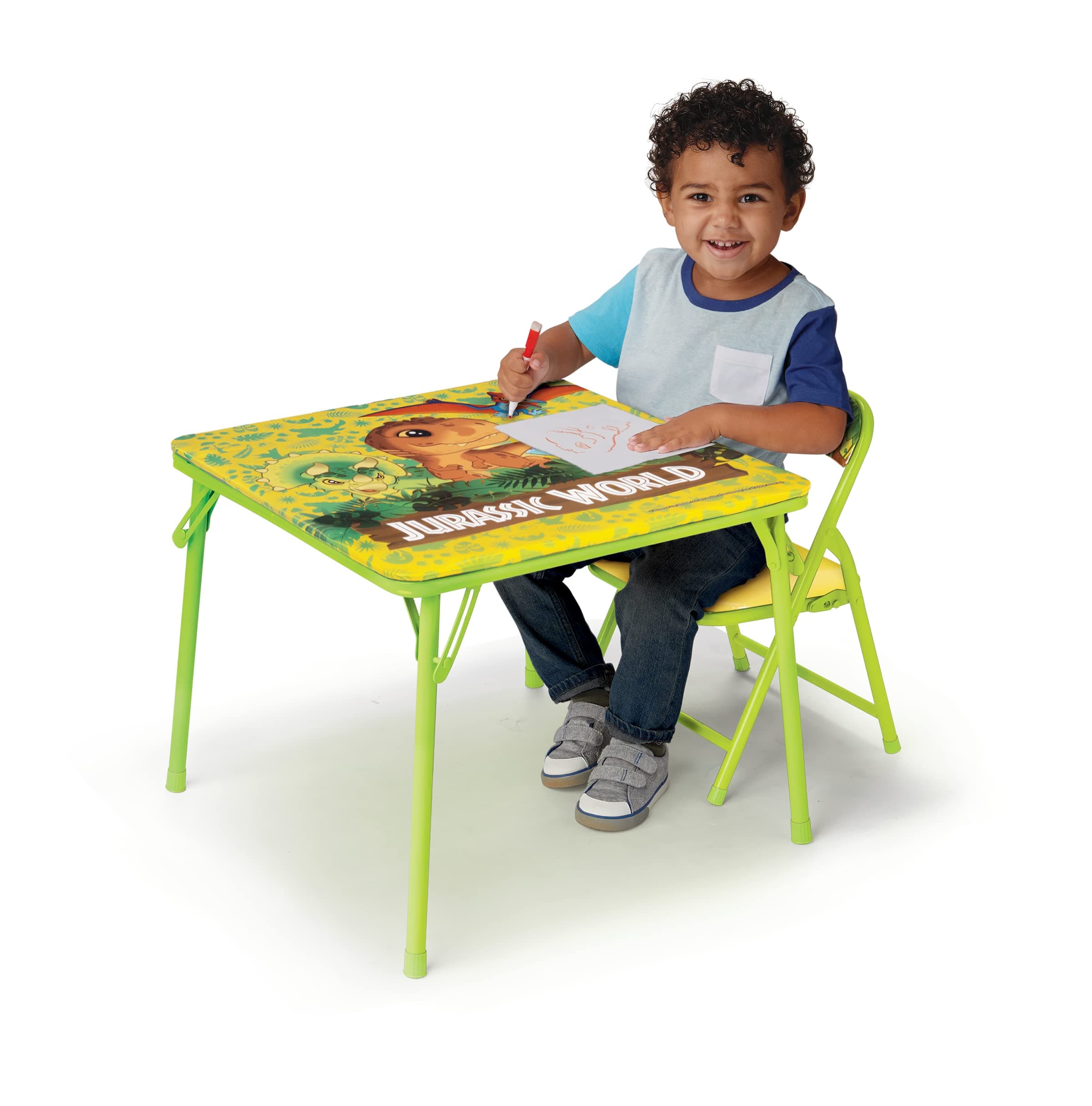 Jurassic World Activity Table & Chair Set for Toddlers 24-48M, Includes 1 Table & 1 Chair, Sturdy Metal Construction, Table: 20"L x 20"W x 16.4"H, Chair: 12"L x 11.6"W x 17.7"H - Weight Limit: 70 lbs