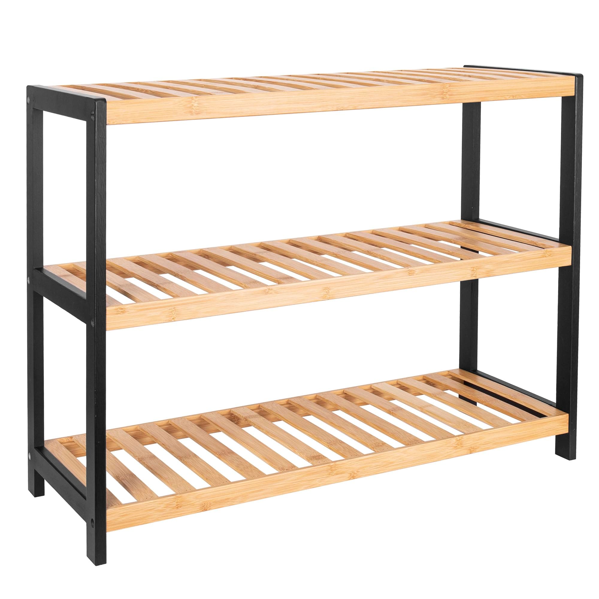 Vencier Bamboo Shoe Rack Natural – Easy Assembly & Strong Design Stand Shelf Organizer Ideal for Corridor, Bedroom, Bathroom, Hallway & Small Spaces, Large Capacity (Natural/Black, 3 Tier)
