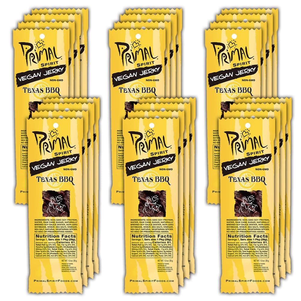Primal Spirit, Vegan Meatless Jerky Strips - High Energy, High Protein, Non-GMO, 93% Fat-Free Snacks, Vegan Jerky - 28g, Pack of 24 Texas BBQ Flavour