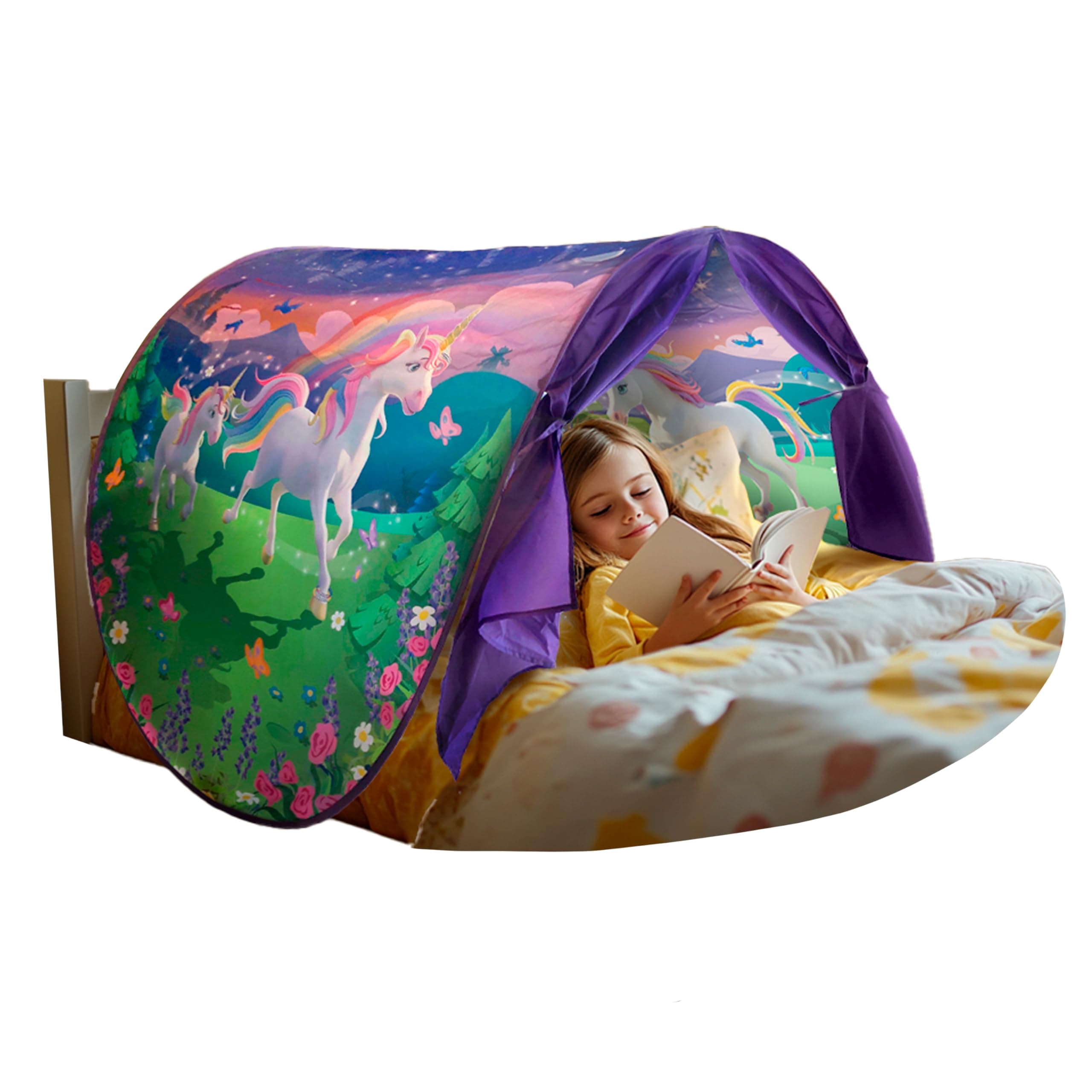 Unicorn Themed Toddlers Canopy Tent for Bed | Magical Glow-in-the-Dark Elements & Friendship Affirmations | Cozy Kids Bed Tent Twin for Bedtime Reading Nook & Imaginative Play