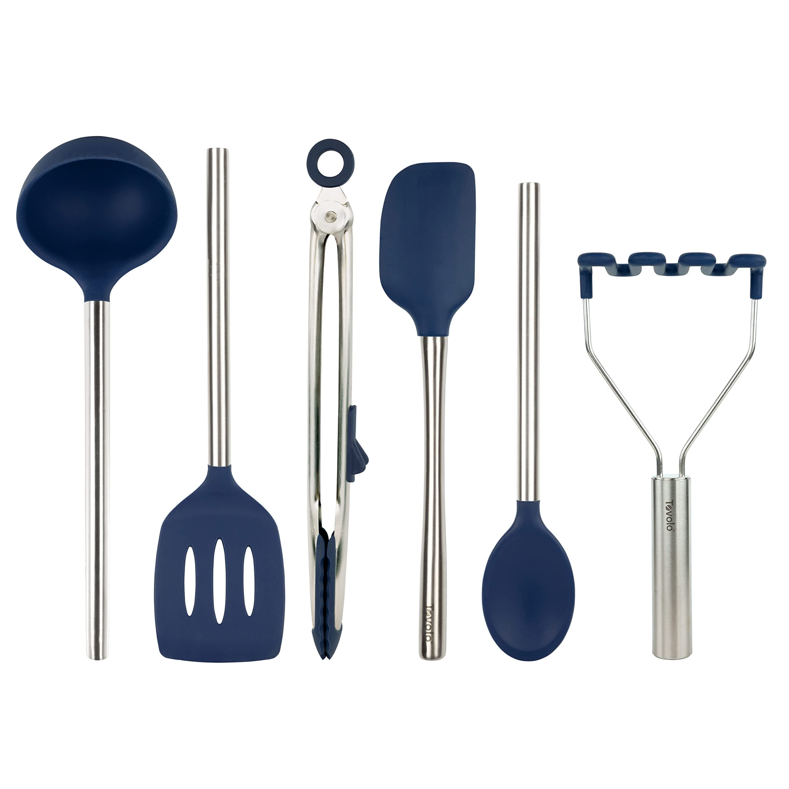Silicone Cooking Utensil Set of 6 Stainless Steel Handle Ladle Slotted Turner Tongs Flex Core Spatula Scraper Mixing Spoon & Potato Masher, Dishwasher Safe BPA Free Utensils, Deep Indigo