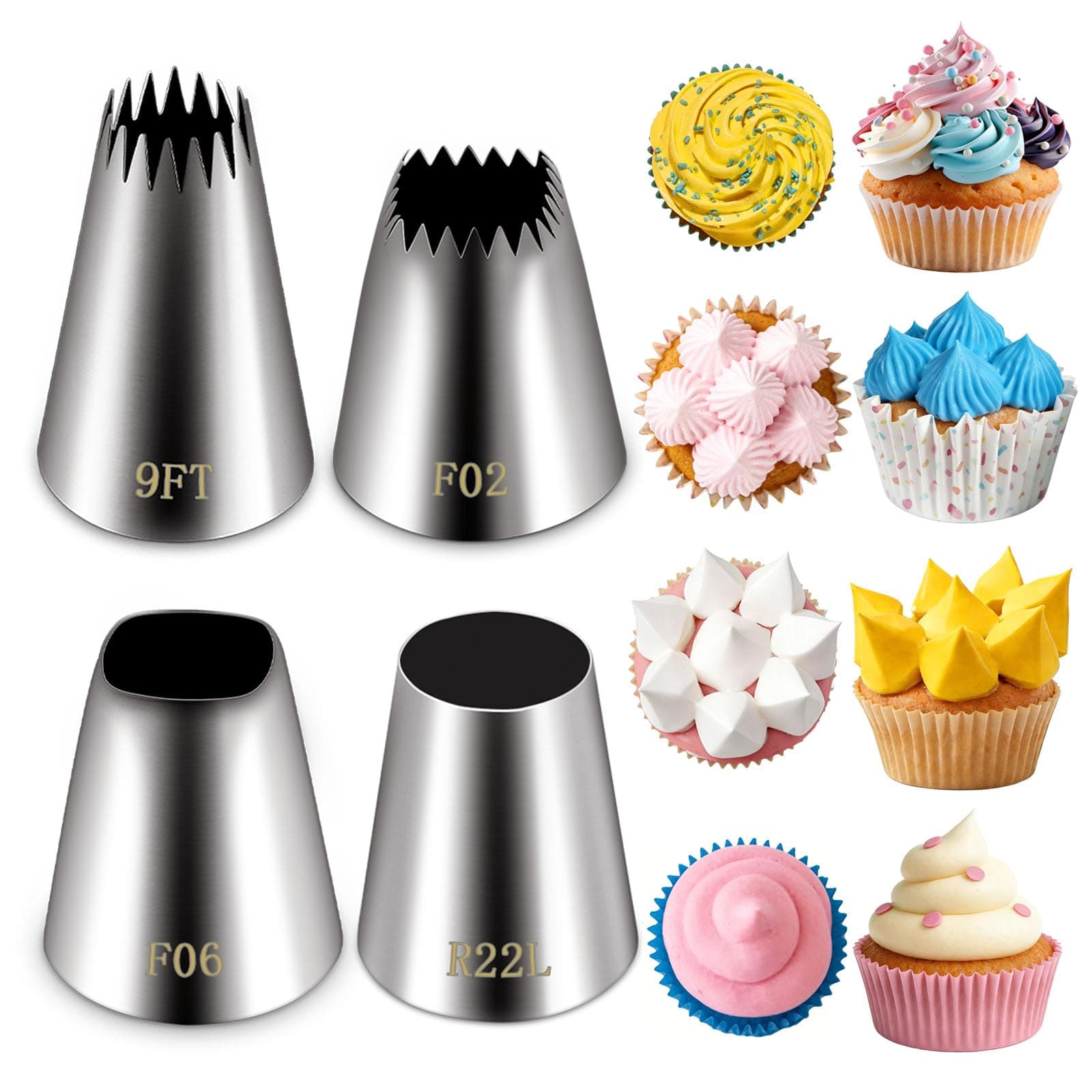 Suuker extra large piping tips set (F02 F06 9FT R22L), stainless steel round piping tip,large star square wide jumbo piping tips,eclair churro meringue for cake cupcake cookie decorating