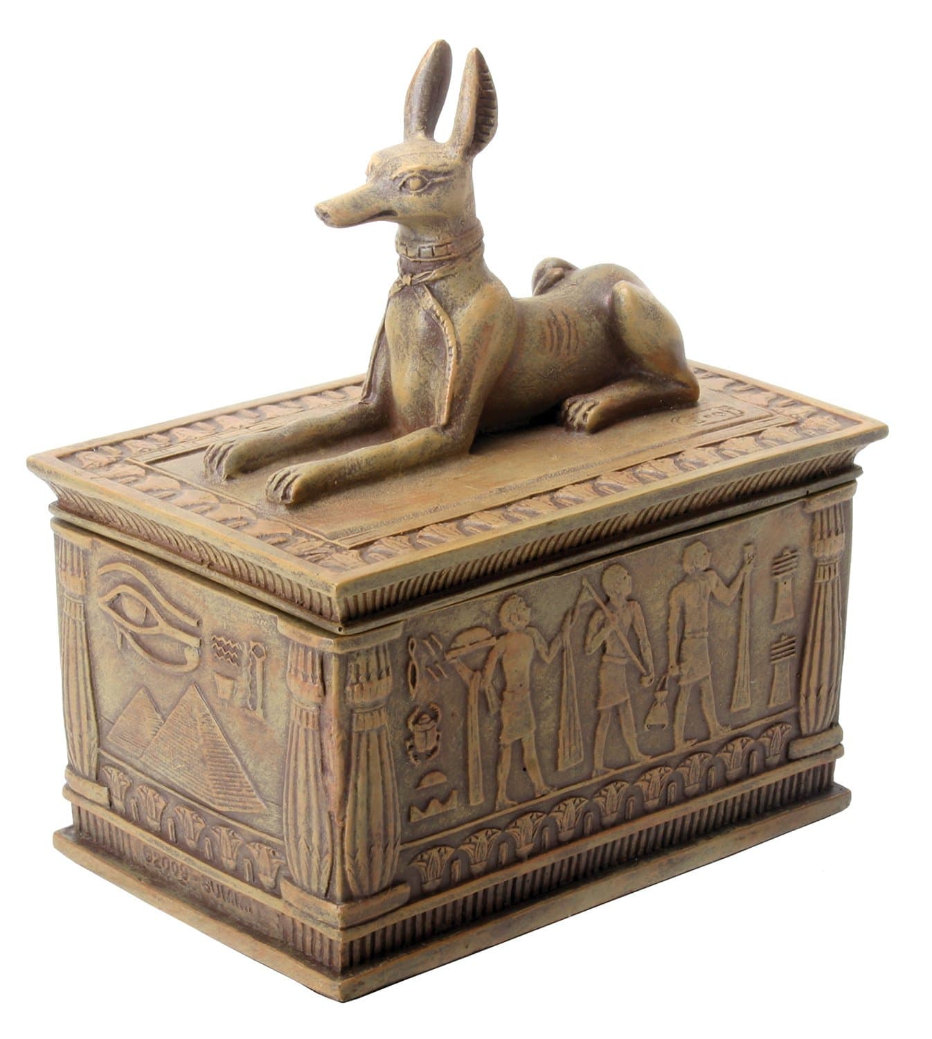 Summit by White Mountain Sandstone Colored Anubis Box with Egyptian Detail Bottom Designs