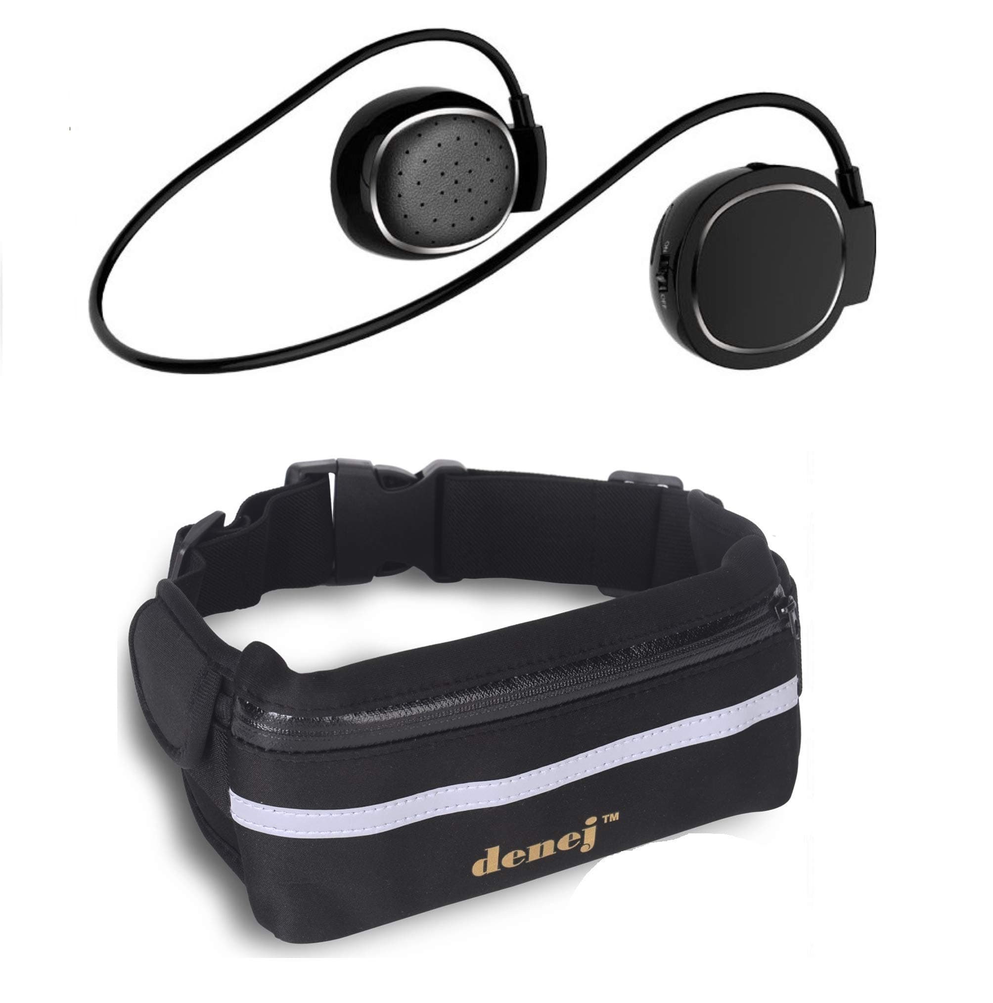 Denej Fanny Pack Phone Holder with Mini On Ear Bluetooth Headphones- Swipe Pad Behind the Head Wireless Headset and Waist Pack - Neck Bluetooth Headphone Set with Pouch Gift Pack Gold