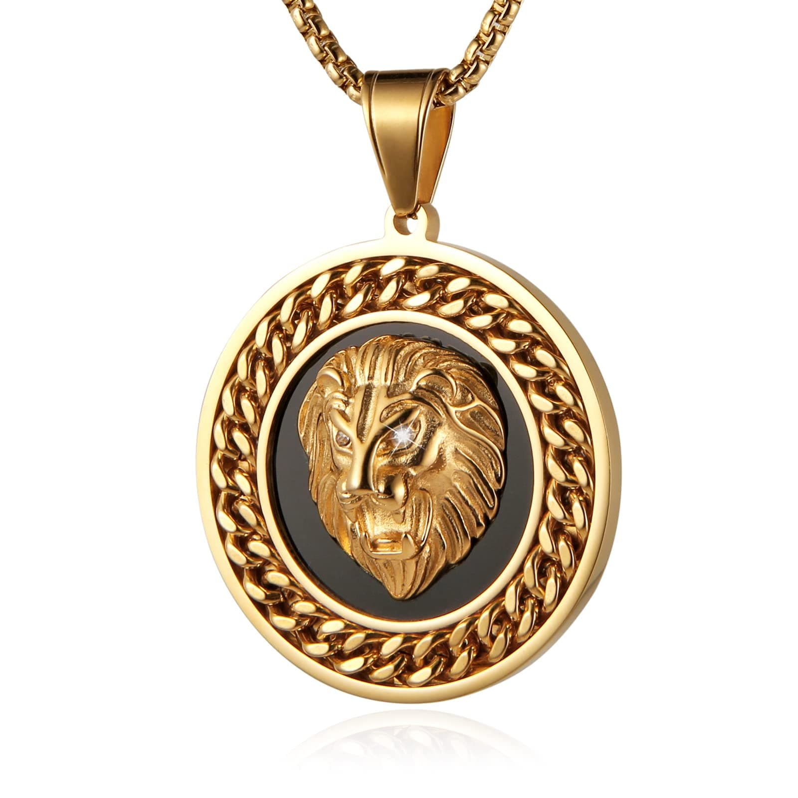 Mens Medallion Pattern Gold Plated Stainless Steel Circle of Rhinestone Crystal Iced Out Lion Head Round Pendant Necklace for Men, 24"Chain Necklace