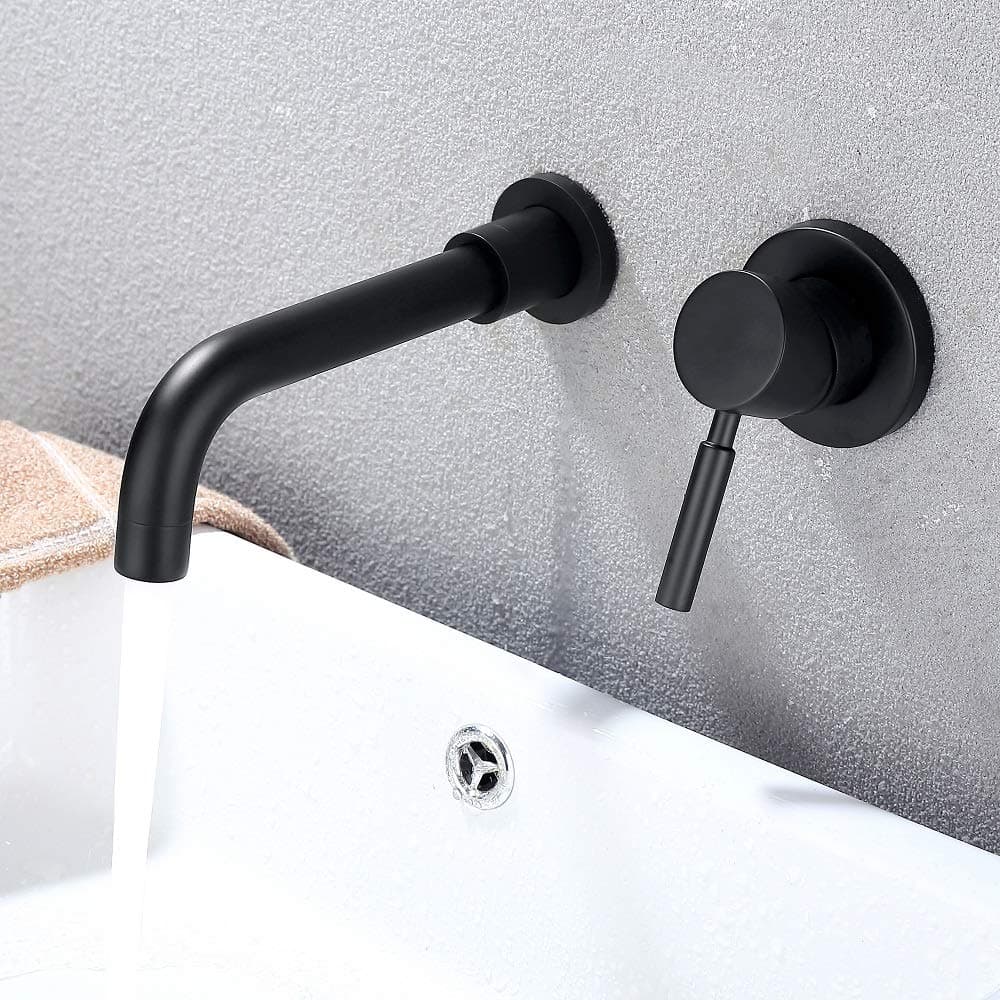 Bathroom Wall Mount Faucet,Spout can Rotate 360 ​​Degrees, Modern Matte Black,Bathroom Sink Faucet Single Handle 2 Holes and Rough Valve for Washroom,Bathroom Vanity Faucet Mixer Tap