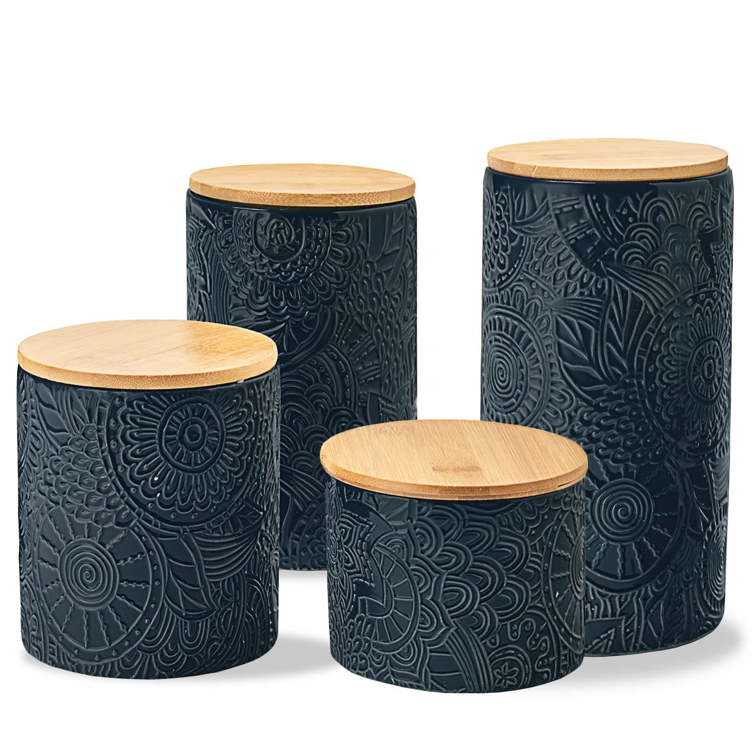 Embossed Canister 4-Piece Ceramic Set Jar Container with Wooden Lids for Cookies, Candy, Coffee, Flour, Sugar, Rice, Pasta, Cereal & More