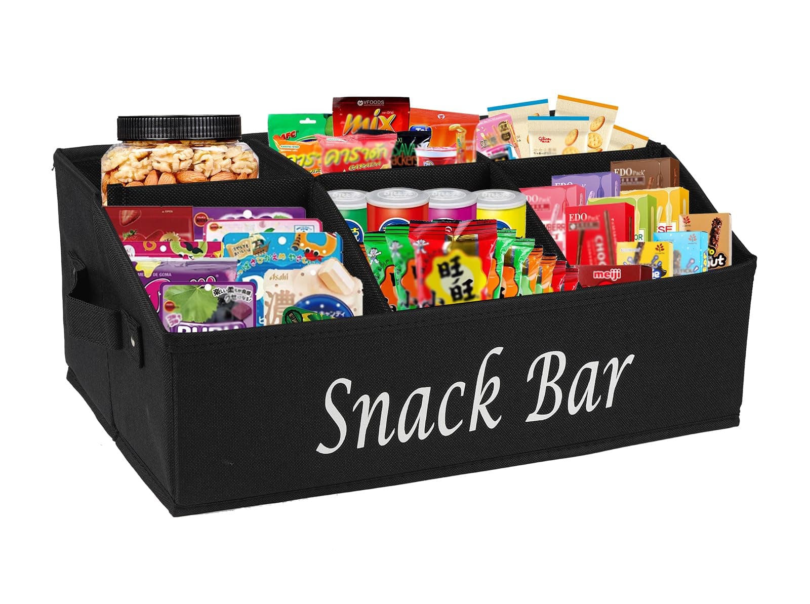 Snack Organizer for Countertop, Fabric Snack Bar Station with Handles, 6 Compartment Container, Black 【Patent Pending】