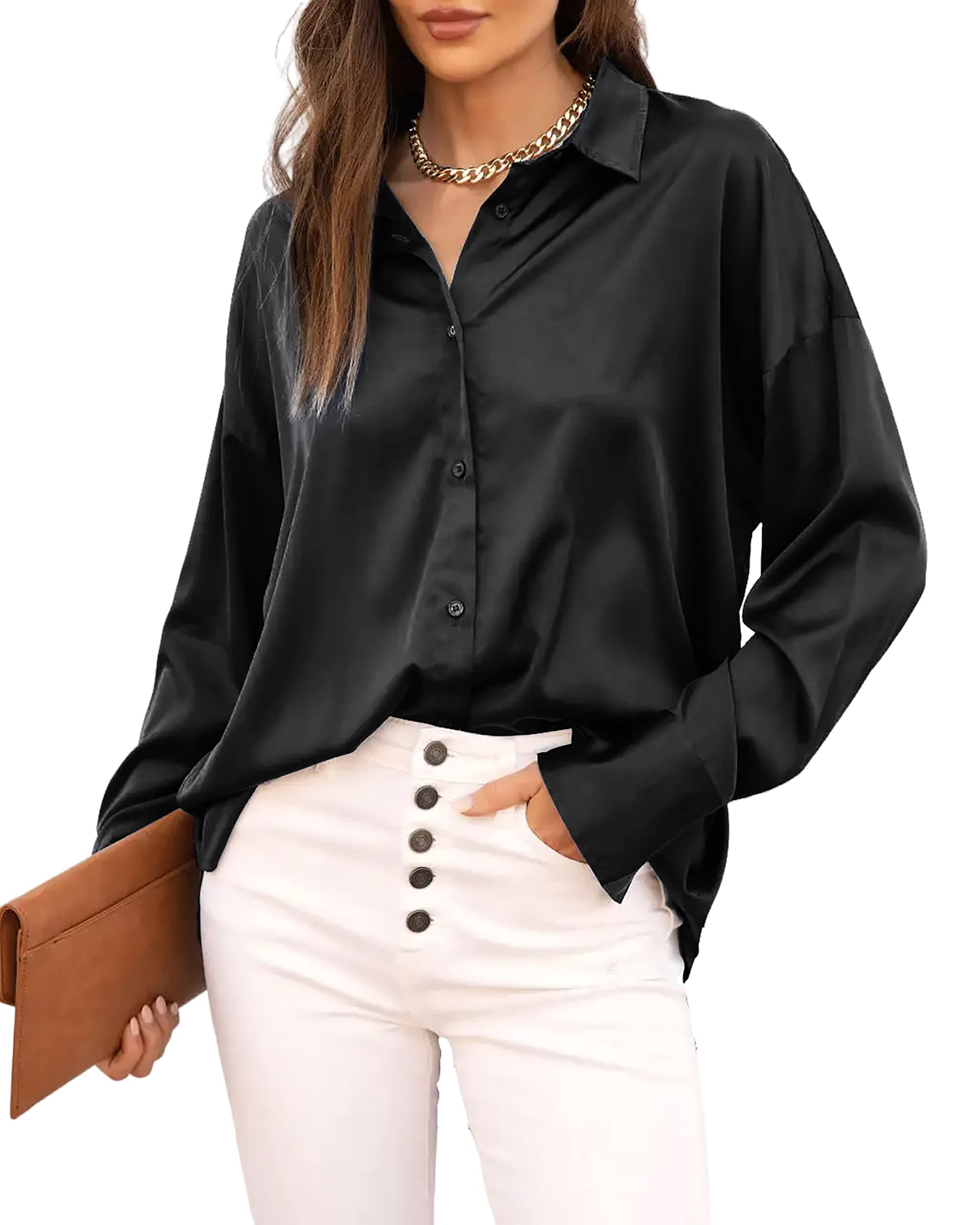 JhsnjnrWomen's Button Down Shirt Long Sleeve Tops Casual Loose Office Silk Satin Blouses