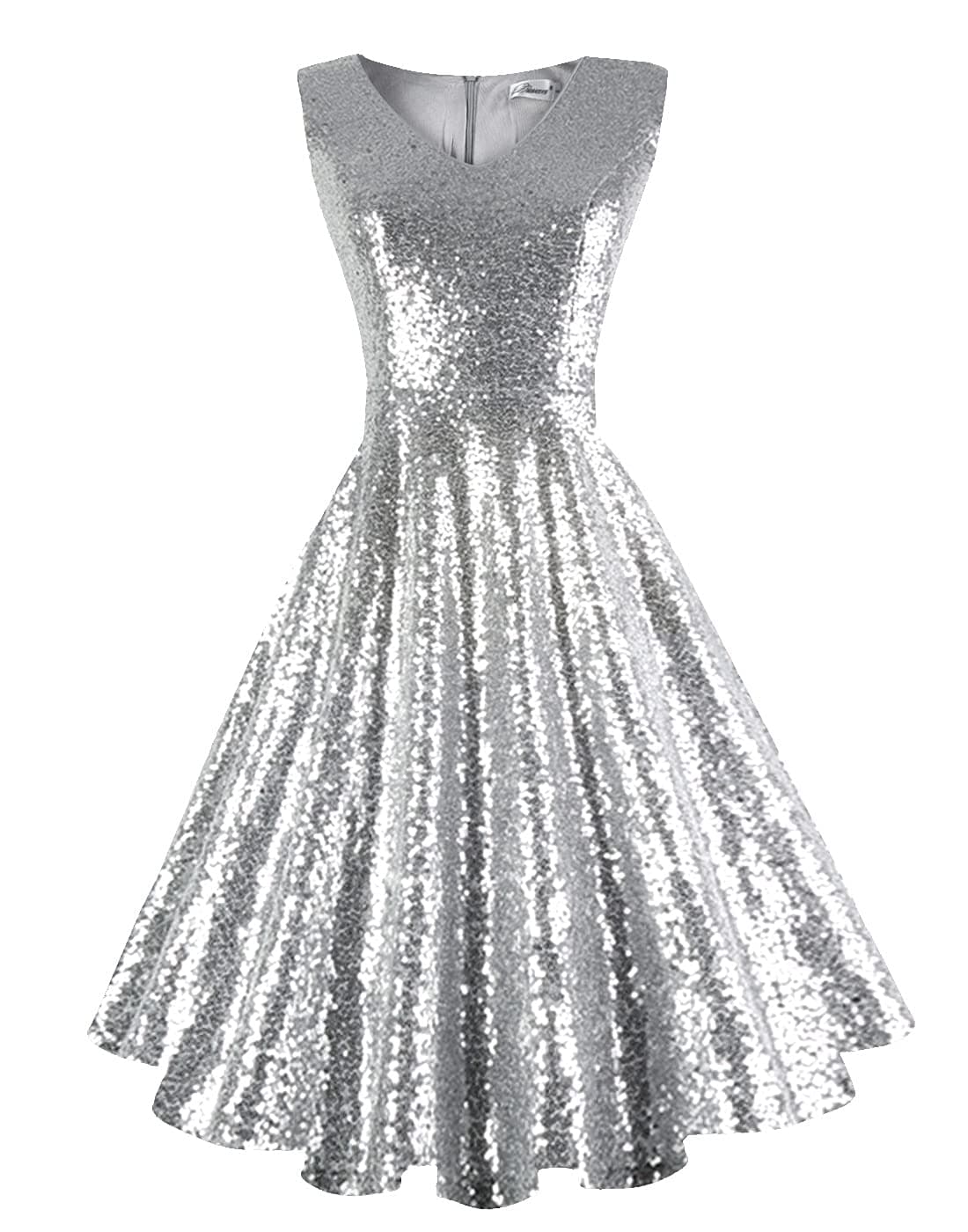 DresseverWomen's 50s 60s Vintage Sleeveless Cocktail Party Dress with Pockets Sequins Silver L