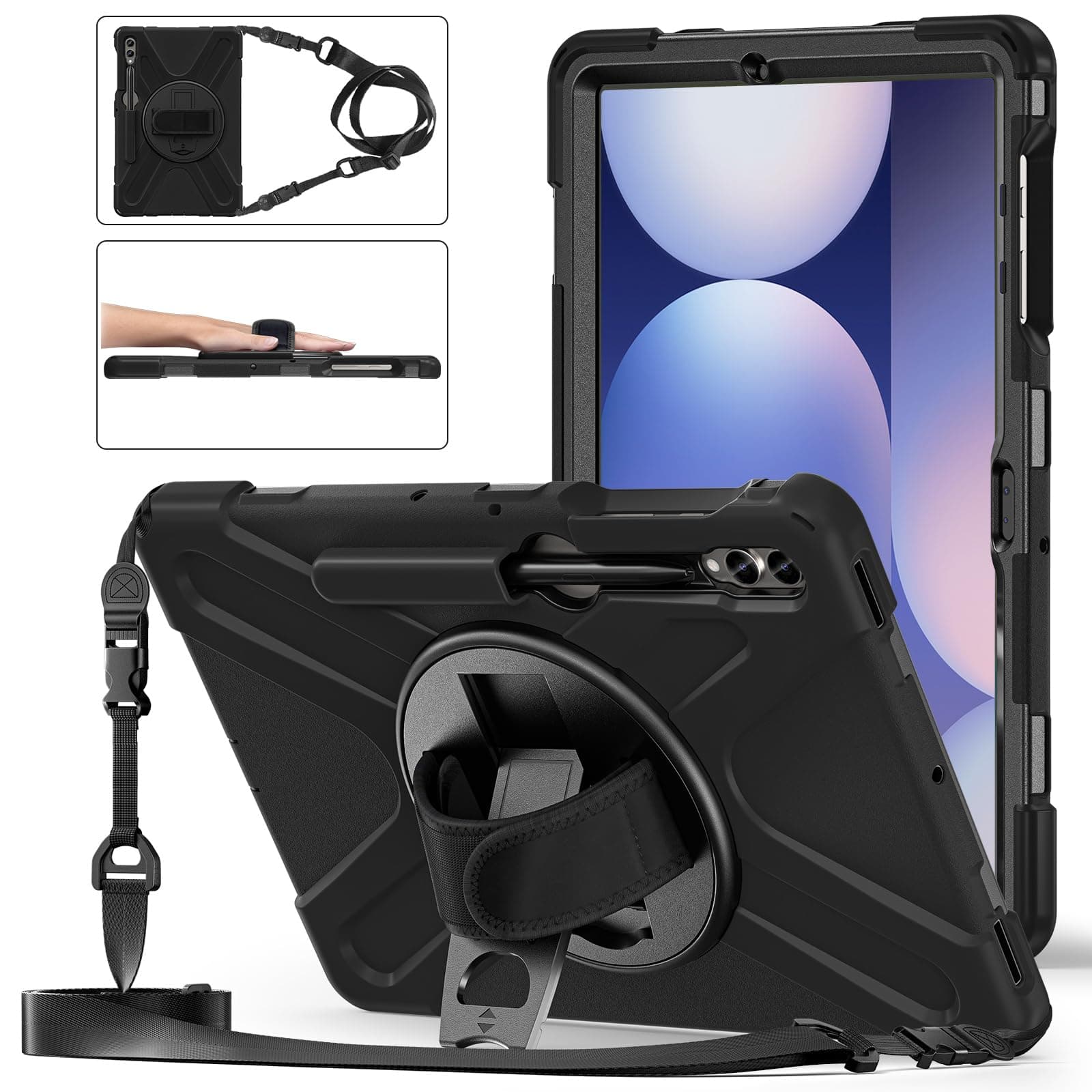 Case for Samsung Galaxy Tab S10+/S9 FE Plus/S7 FE/ S9 Plus/S8 Plus/S7 Plus, Samsung S10 Plus Case Shockproof Rugged with 360 Rotating Stand/Hand & Shoulder Strap Cover Tab S10 Plus,Black