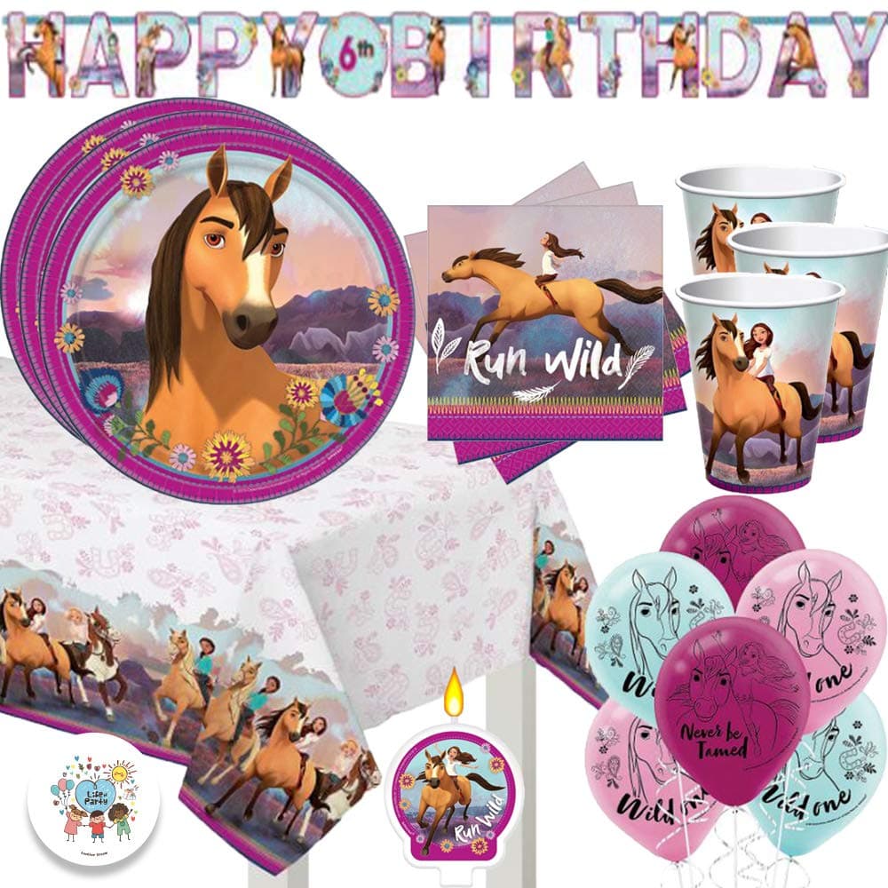Horse Spirit Riding Free Birthday Party Supplies Pack For 16 Guests With Spirit Riding Free Horse Plates, Napkins, Cups, Tablecover, Balloons, Birthday Banner, Candle, and Exclusive Pin