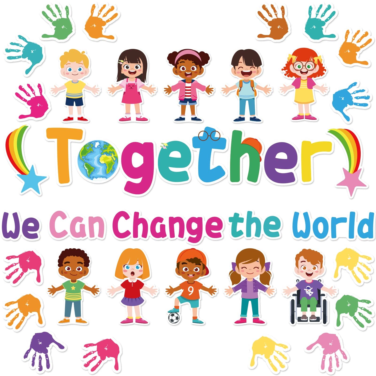 party greeting Together We Can Change The World Classroom Bulletin Board Set Hands with Hearts Diverse Children Cutouts for Kids and Teacher Favor Supplies