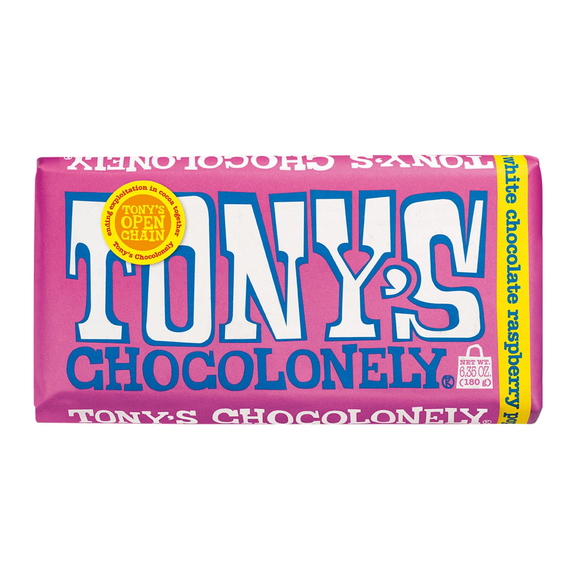 Tony’s Chocolonely Belgian White Chocolate Raspberry Candy Bar With Popping Candy, Chocolate Bar for Snacks, Party Favors, Gifts, or Gift Basket, 28% Cacao, Made From Quality Fairtrade Cocoa, 6.35 Oz