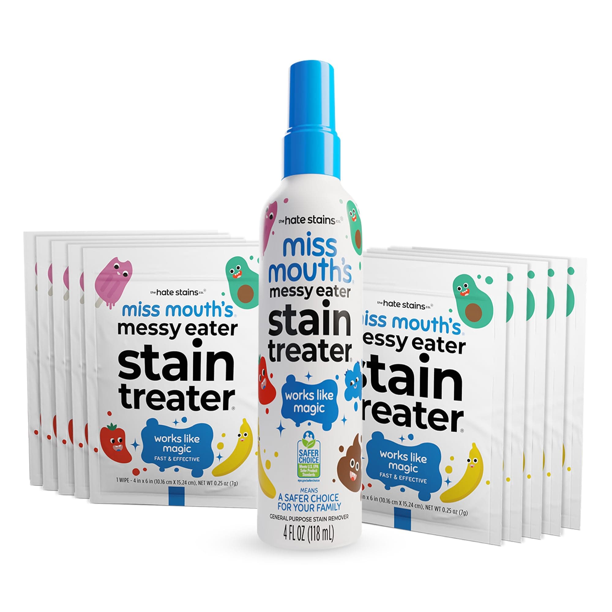 Miss Mouths Messy Eater Stain Treater Spray - 4oz 10 Wipes Stain Remover - Newborn Baby Essentials - No Dry Cleaning Food, Grease, Coffee Off Laundry, Underwear, Fabric.