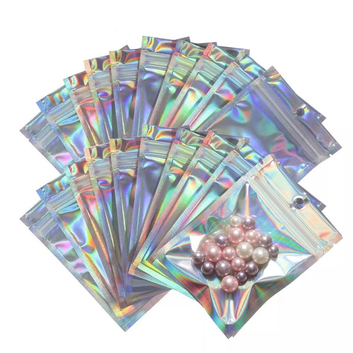 ECVV 100PCS Resealable Storage Bags Holographic Packaging Bags for Jewelry, Snack, Food Storage, Smell Proof Bags Clear Ziplock Bag with Front Window