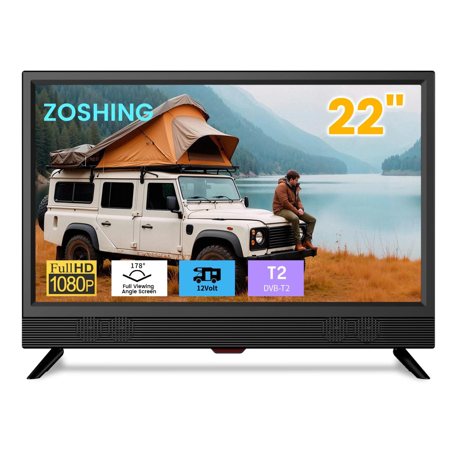 ZOSHING TV 22 inch IPS HD 1080P Screen,Small tv with Freeview Receiver,12 volt TV Built Digital T2 Tuner,USB,HDMI/RCA/VGA inputs,Suitable for Bedroom Caravan