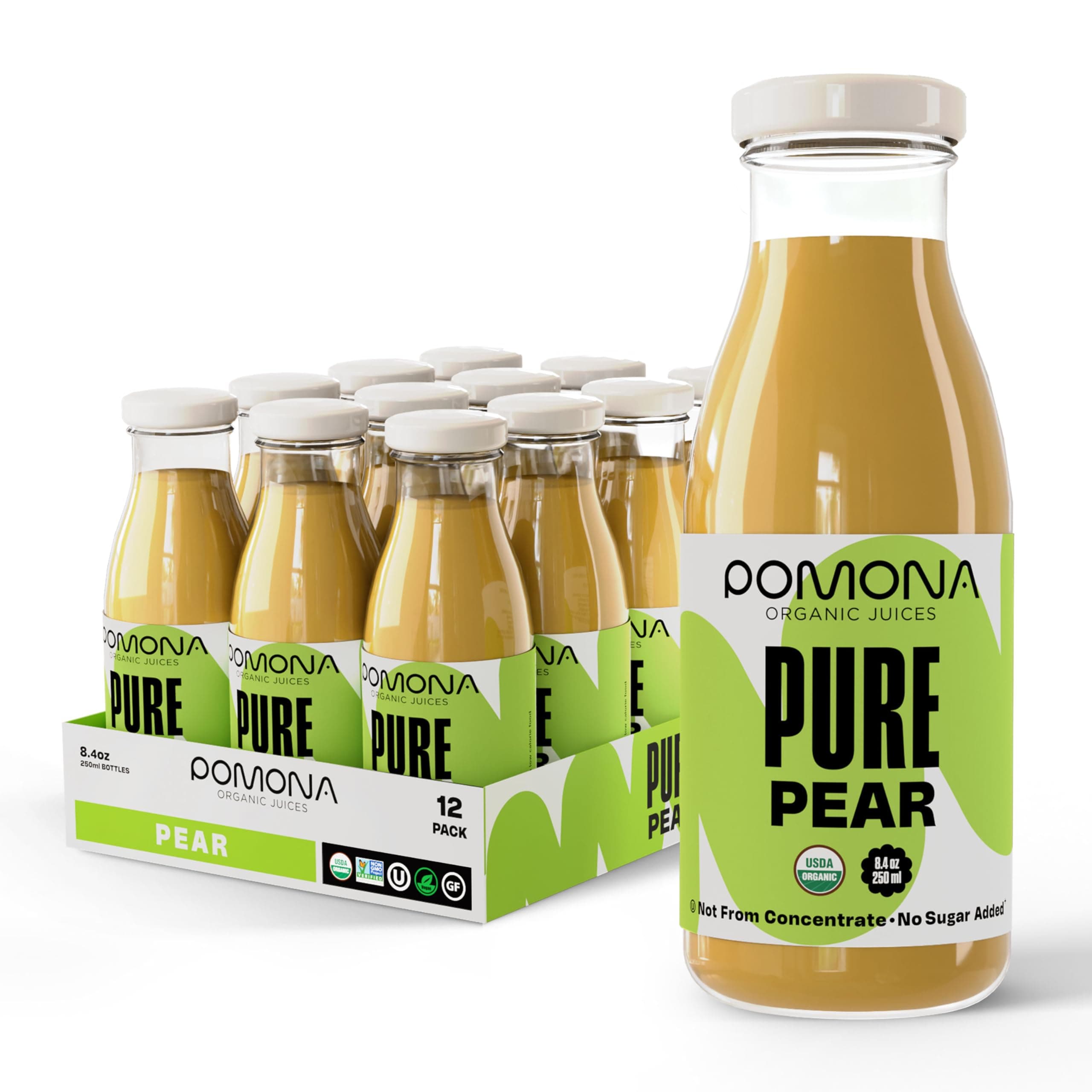 - Pomona Organic Pear Juice, Cold Pressed USDA Organic Juices, Pears And Lemon Juice, No Added Sugar, Not From Concentrate, Vegan, Kosher, Non GMO, Pasteurized, 8.4 Oz Glass Bottles