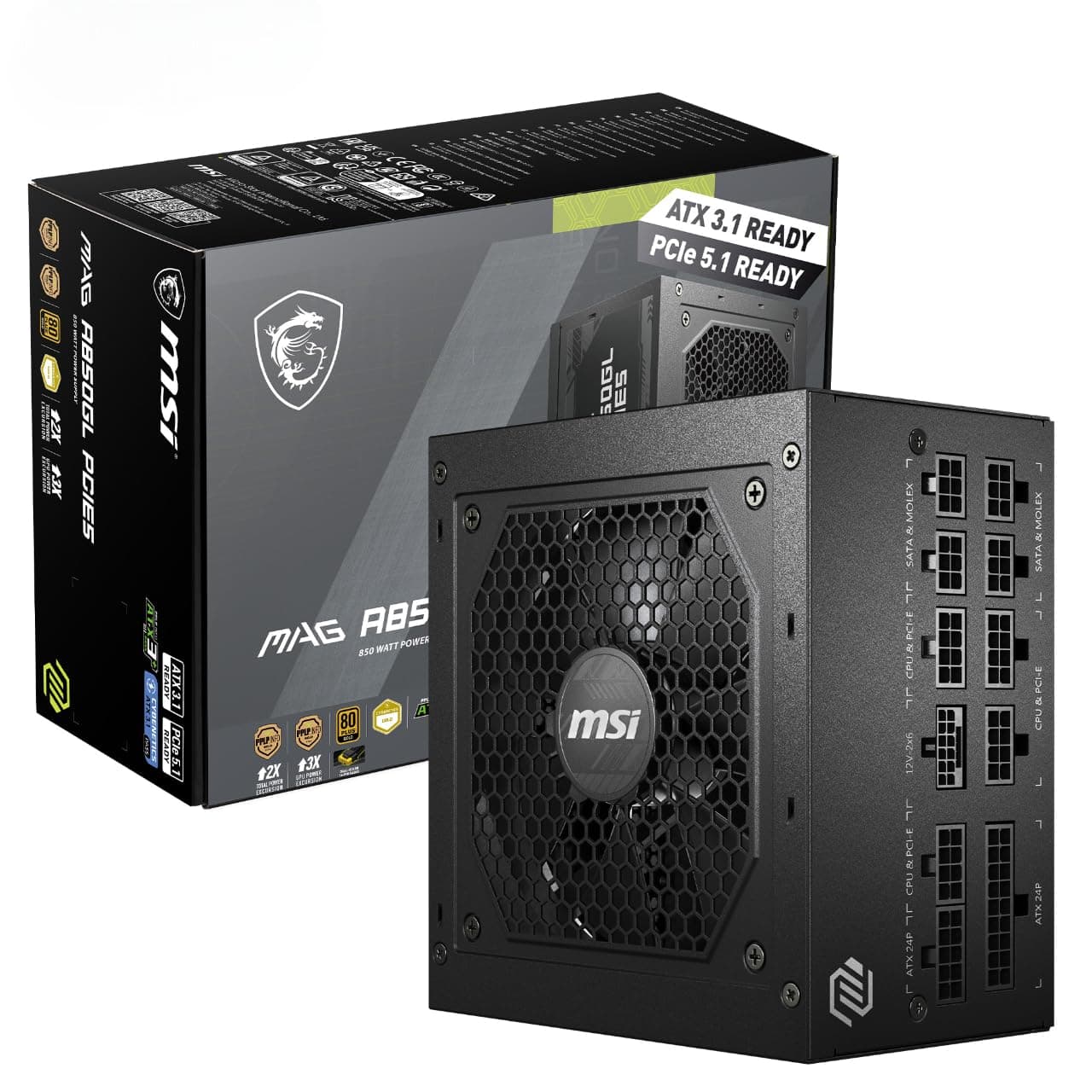 MAG A850GL PCIE5 Power Supply Unit, 850W, 80 Plus Gold, Fully Modular, ATX 3.0, PCIe 5.0 GPU Support, Black Flat Cables, 7 Year Warranty