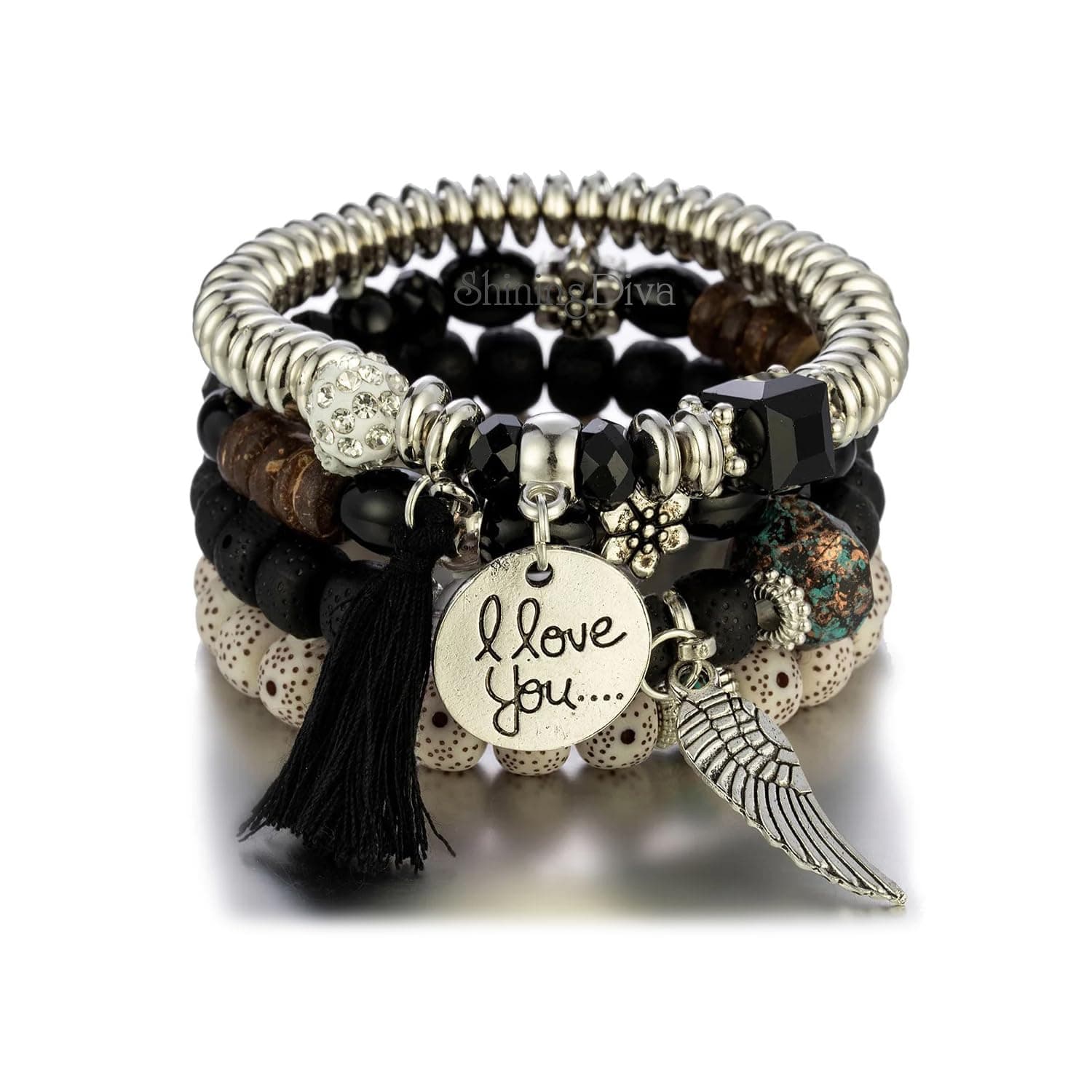 Shining Diva Fashion Latest Stylish Bohemian I Love You Feather Tassel Charm Multilayer Beaded Bangle Bodhi Bracelet for Women and Girls
