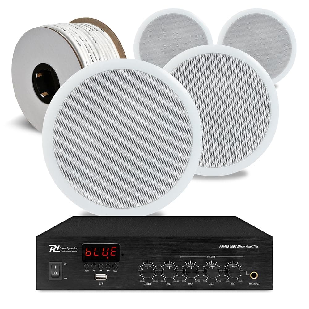 – Power Dynamics 4x PD CSPB5 100V Line Ceiling Speaker Kit with Bluetooth PDM25 Amplifier, 50m Cable - Ideal 100V Line Speaker Sound System for Cafe or Small Office Music System