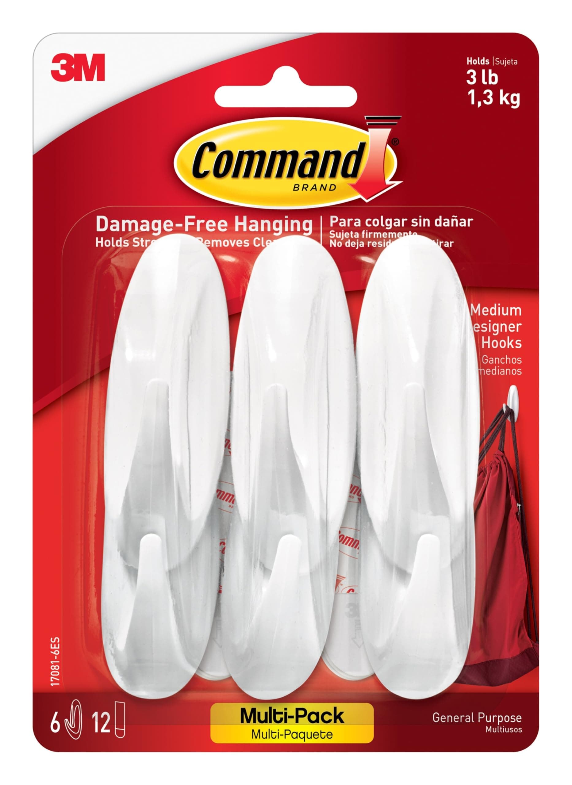 Command White Designer Hooks, 6 Hooks, 12 Strips