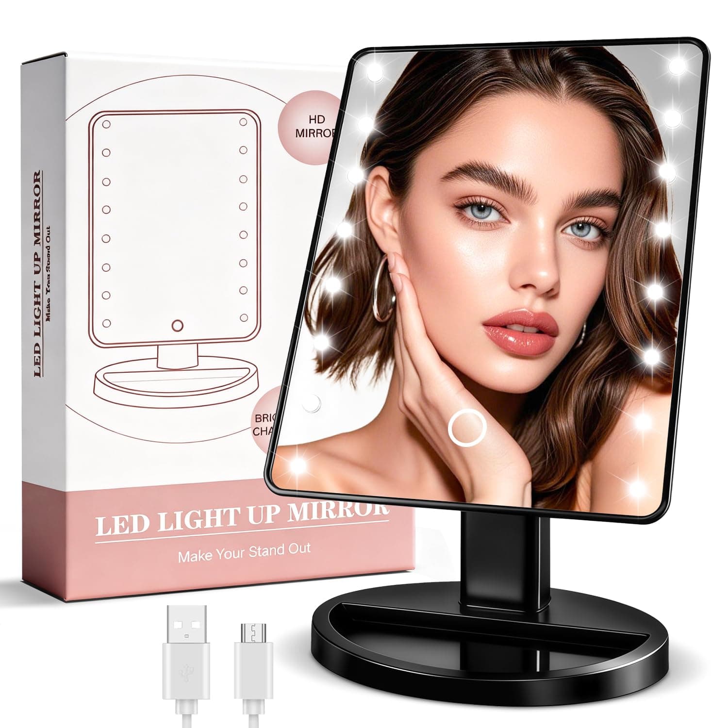 KOOKIN Lighted Vanity Makeup Mirror Led Lights 180 Degree Rotation Lighted Mirror Touch Screen Adjusted Brightness Desk Mirrors USB Dual Supply Bathroom Beauty Cosmetic Mirrors (Black)