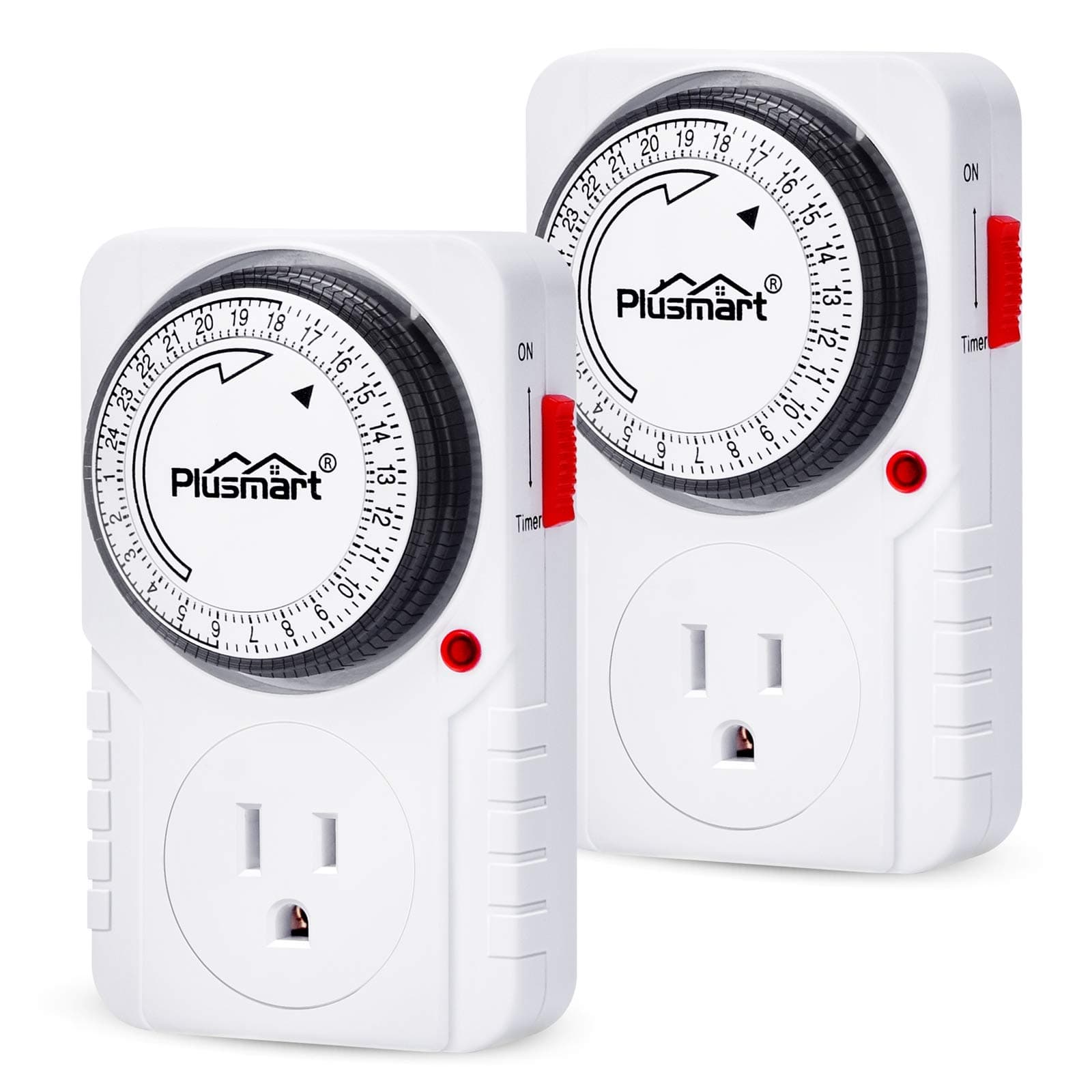 PlusMart 24 Hours Mechanical Timer Plug in 3-prong Grounded Timer Outlet, for Lights, Fans, Electical outlets, 2-pack, ETL listed