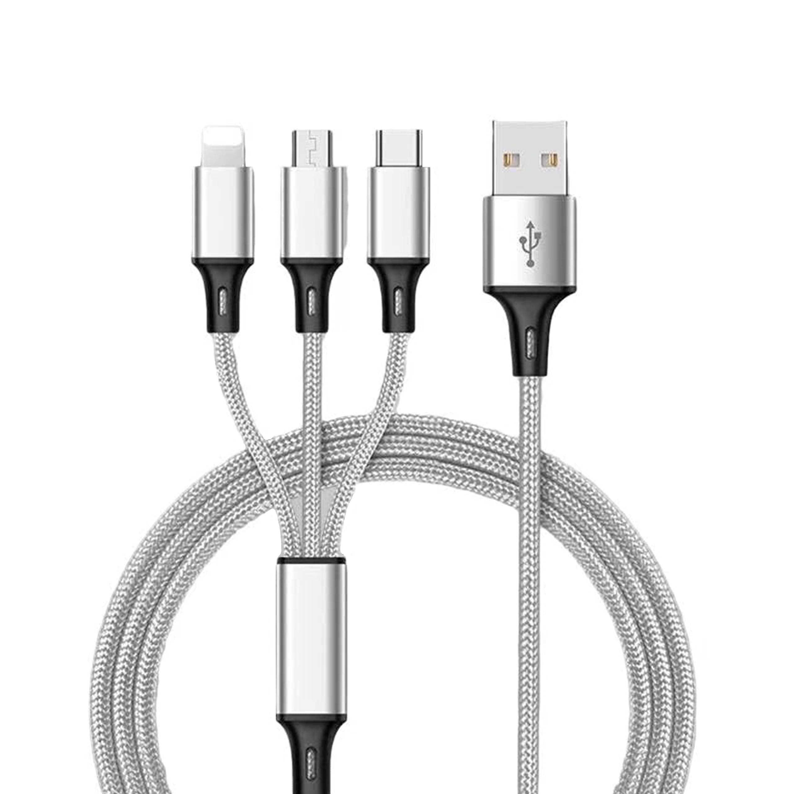 USB Type C Mobile Charging Cable 3 in 1 Fast Car Charging cable for Car with Multiple Charging Ports Length, Type C and USB A Connectors (Silver)