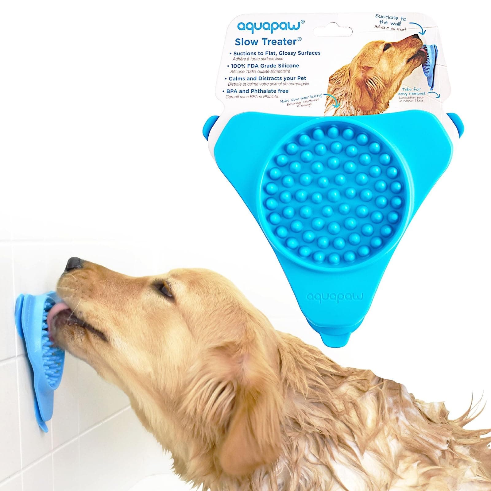 Aquapaw Dog Licking Mat - Suction Slow Feeder & Feeding Mat - Bath Toy Dispenser for Dog Bath Toys & Grooming Treats - Grooming Lick Pad for Peanut Butter Treat & Shower Snack Holder - Blue