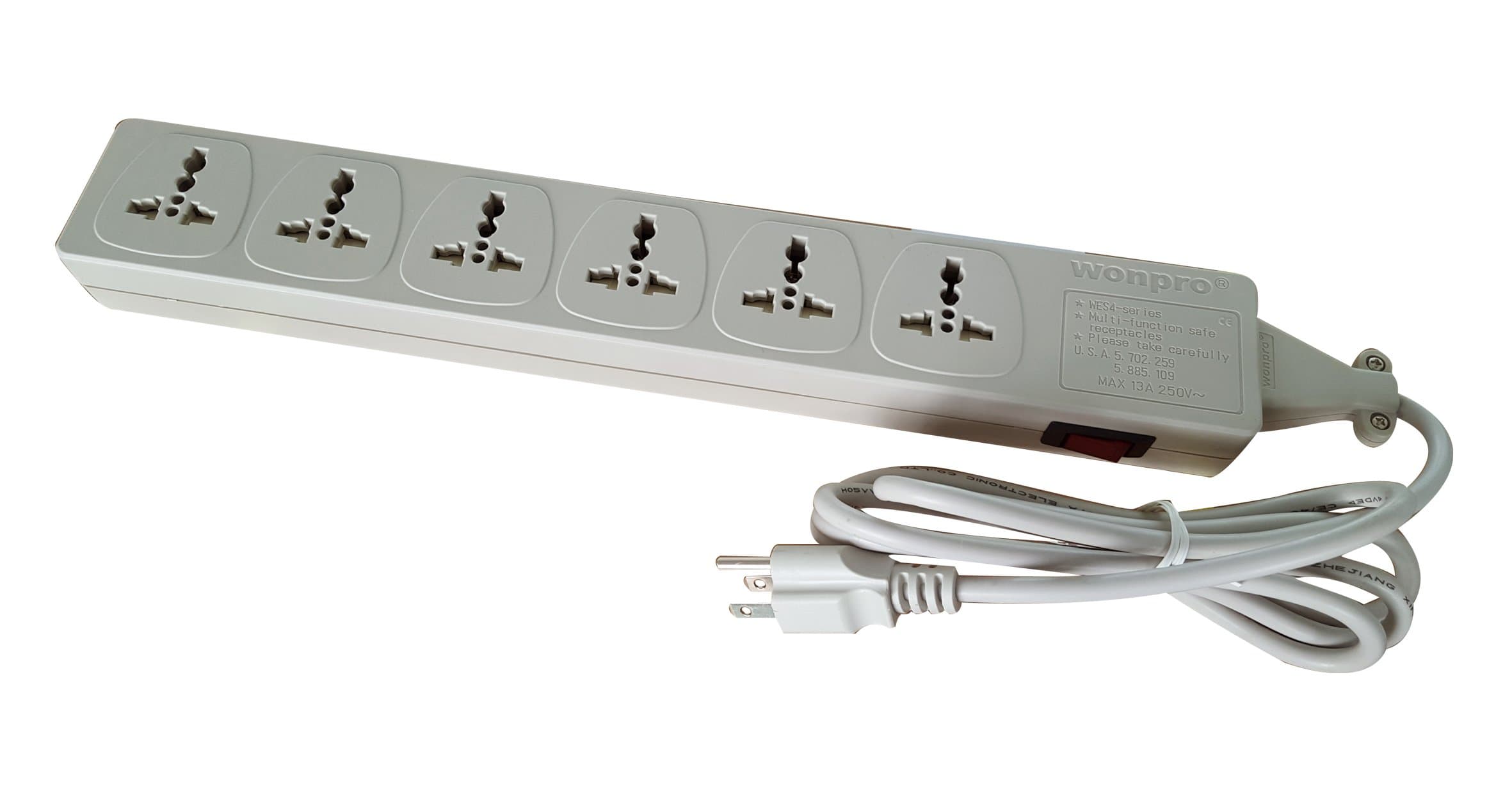 WES4-D105 Universal Power Strip 6-Outlet Surge Protector, 110V - 220V/250V
