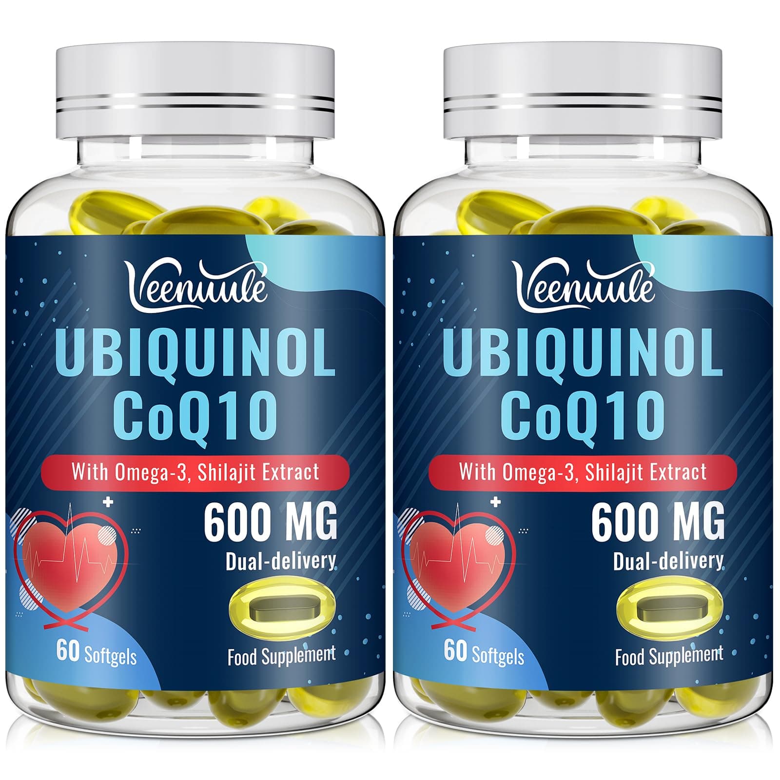 Ubiquinol CoQ10 600mg Softgels with Shilajit Extract 300mg, Omega-3 150mg - Dual-delivery System - Enhanced Absorption for Maximum Active CoQ10 Utilization (60 Count, Pack of 2)