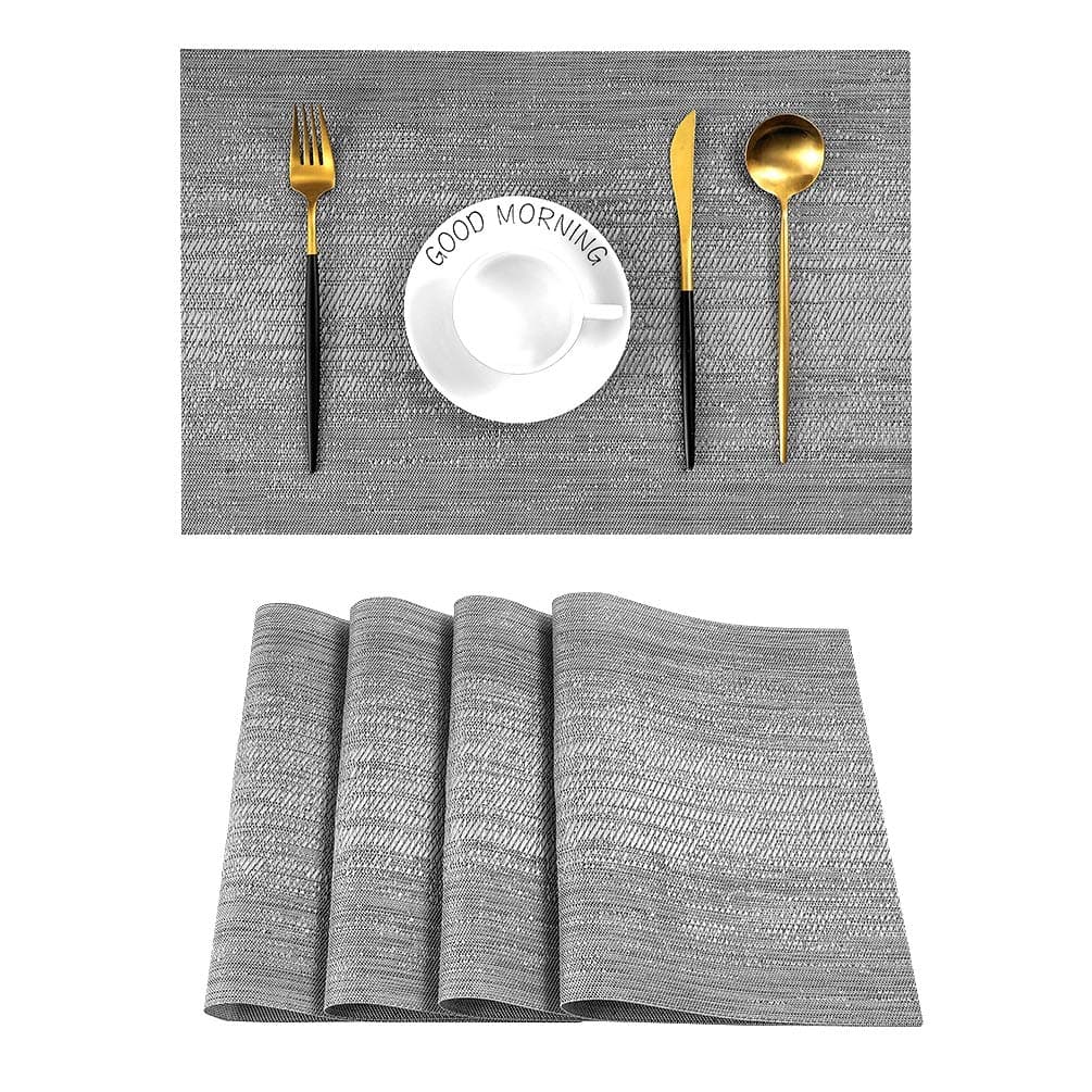 Leetaltree Grey Placemats, Heat Resistant Non-Slip Place mats for Dining Table, Washable Durable PVC Vinyl Woven Table Mats (Set of 4)