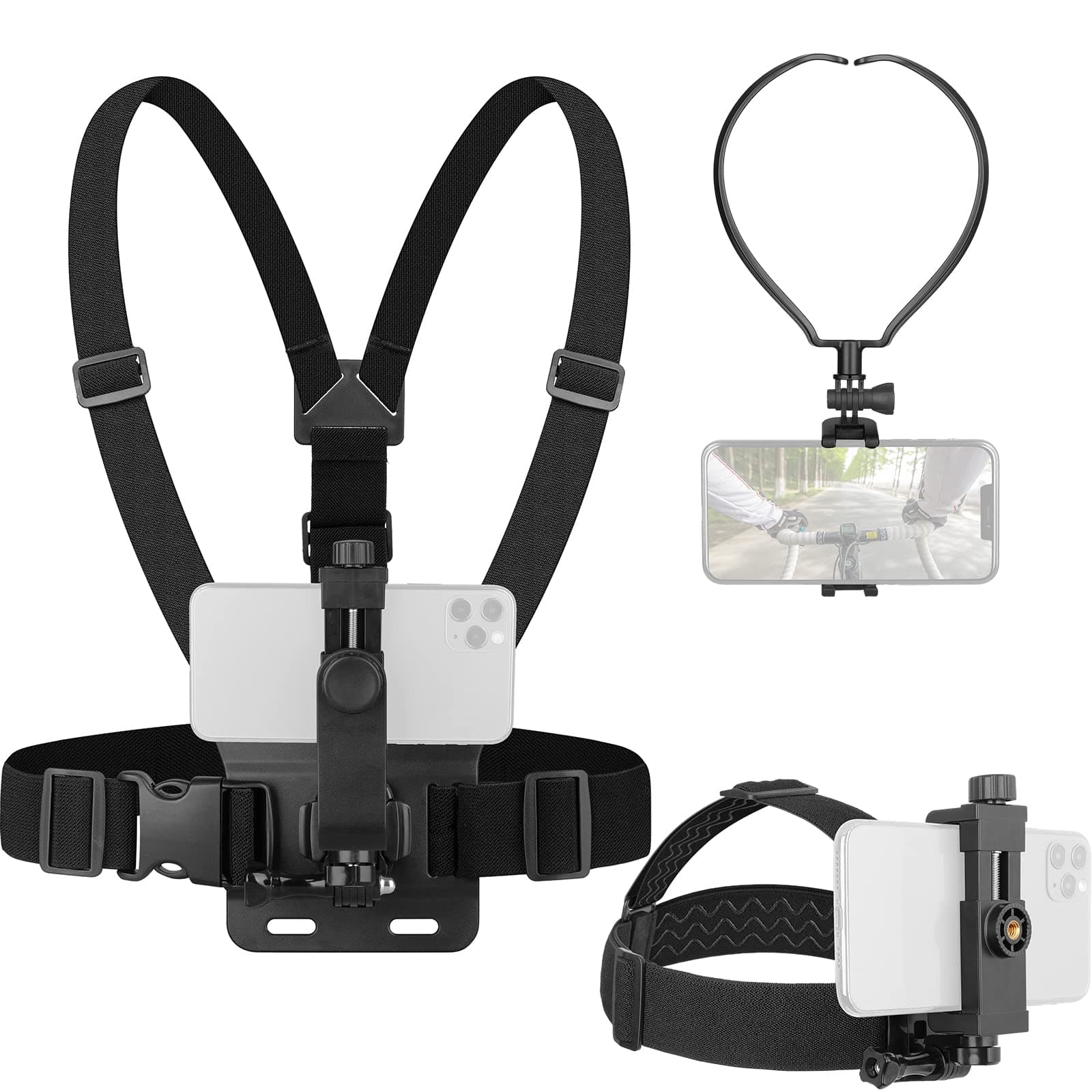 ChromLives 3 in 1 Hands-Free Phone Strap Mount Set - Chest, Head, and Neck Holder Compatible With iPhone, GoPro Hero and More