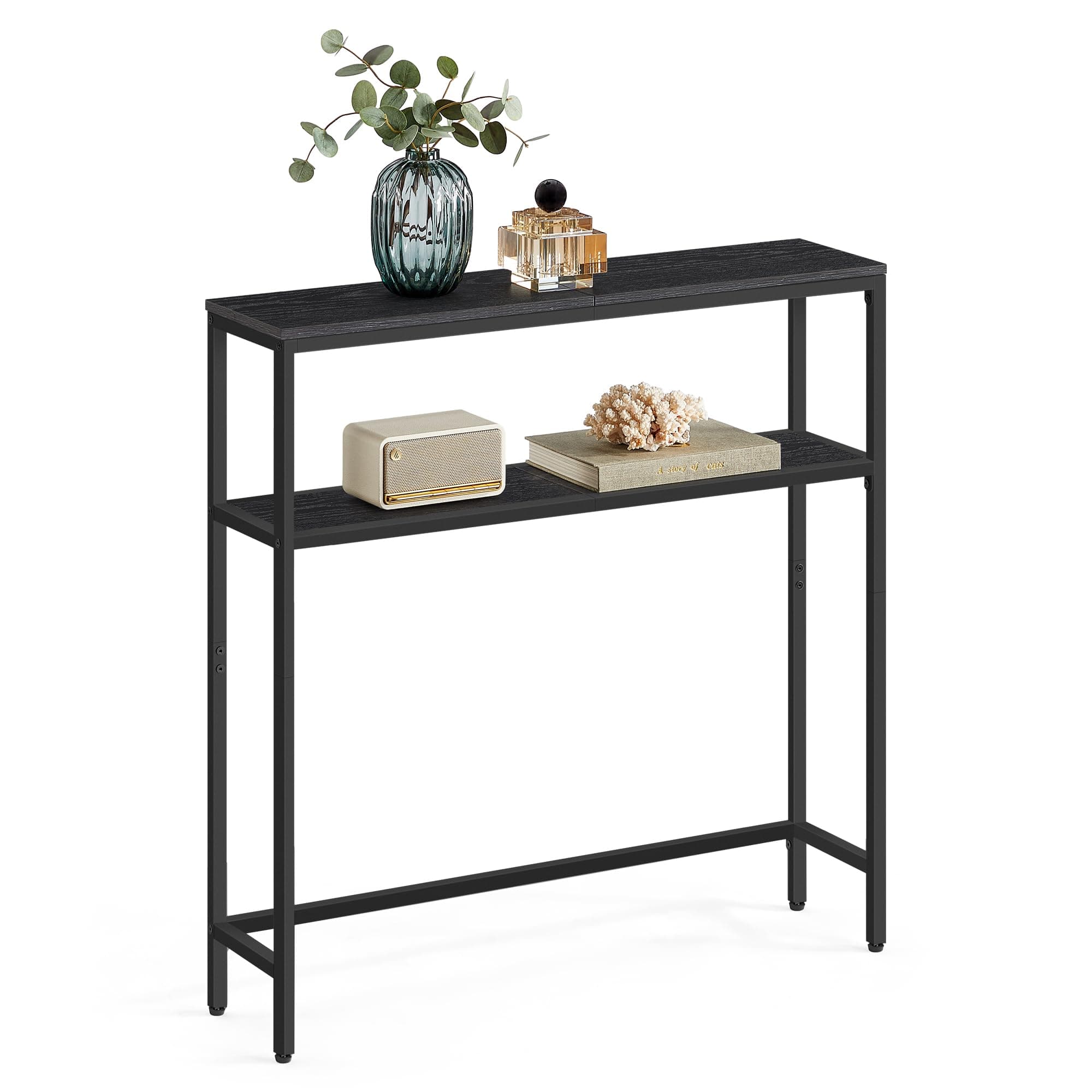 VASAGLE Console Table, 2-Tier Sofa Table, 7.9 x 31.5 x 31.5 Inches, Narrow Entryway Table, Modern Entry Table with 2 Shelves, for Living Room, Bedroom, Charcoal Gray and Ink Black ULNT130B22