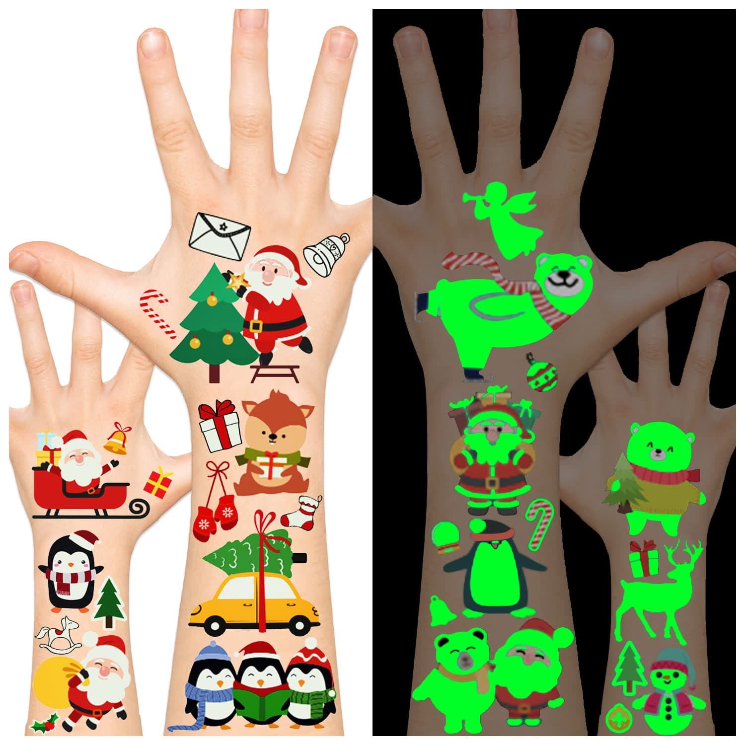 Leesgel 119pcs Christmas Party Favors, Temporary Fake Tattoos for Kids, 10 Sheets Glow in the Night Christmas Tattoos Stickers Party Supplies Decorations Stocking Stuffers