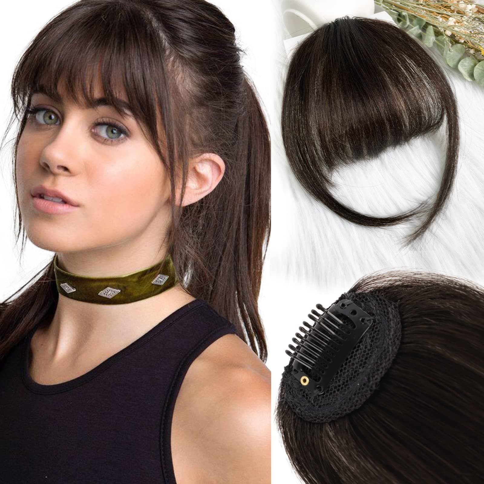 HMD Bangs Hair Clip in Bangs Real Human Hair Wispy Bangs Fringe with Temples Hairpieces for Women Clip on Air Bangs Flat Neat Bangs Hair Extension for Daily Wear (Wispy Bangs, Dark Brown)
