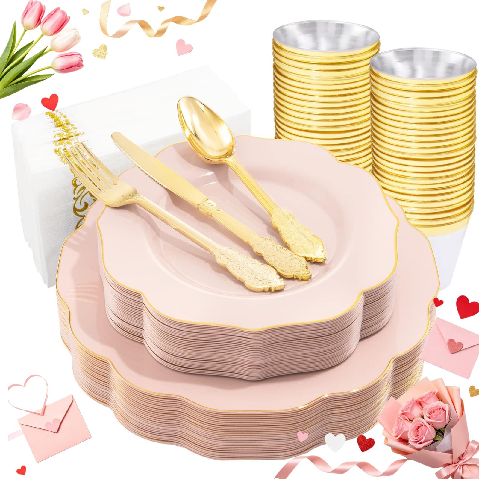 NOCCUR 175PCS Pink Plates with Gold Disposable Silverware - Include 50 Pink Plastic Plates,25 Knives,25 Forks,25 Spoons,25 Cups and 25 Napkins - Ideal for Party/Wedding/Mother's Day