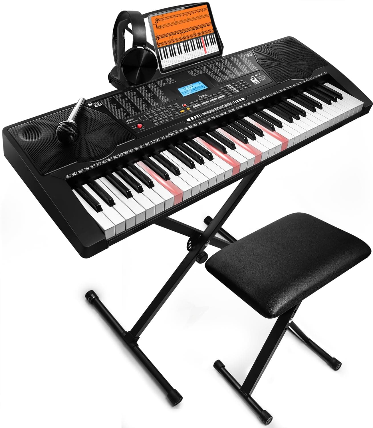 61 Keys Portable Electronic Keyboard Piano with Lighted Full Size Keys LCD, Headphones, X Stand, Stool, Music Rest, Microphone, Note Sticker, Built-in Speaker, 3 Educational Modes, Perfect for