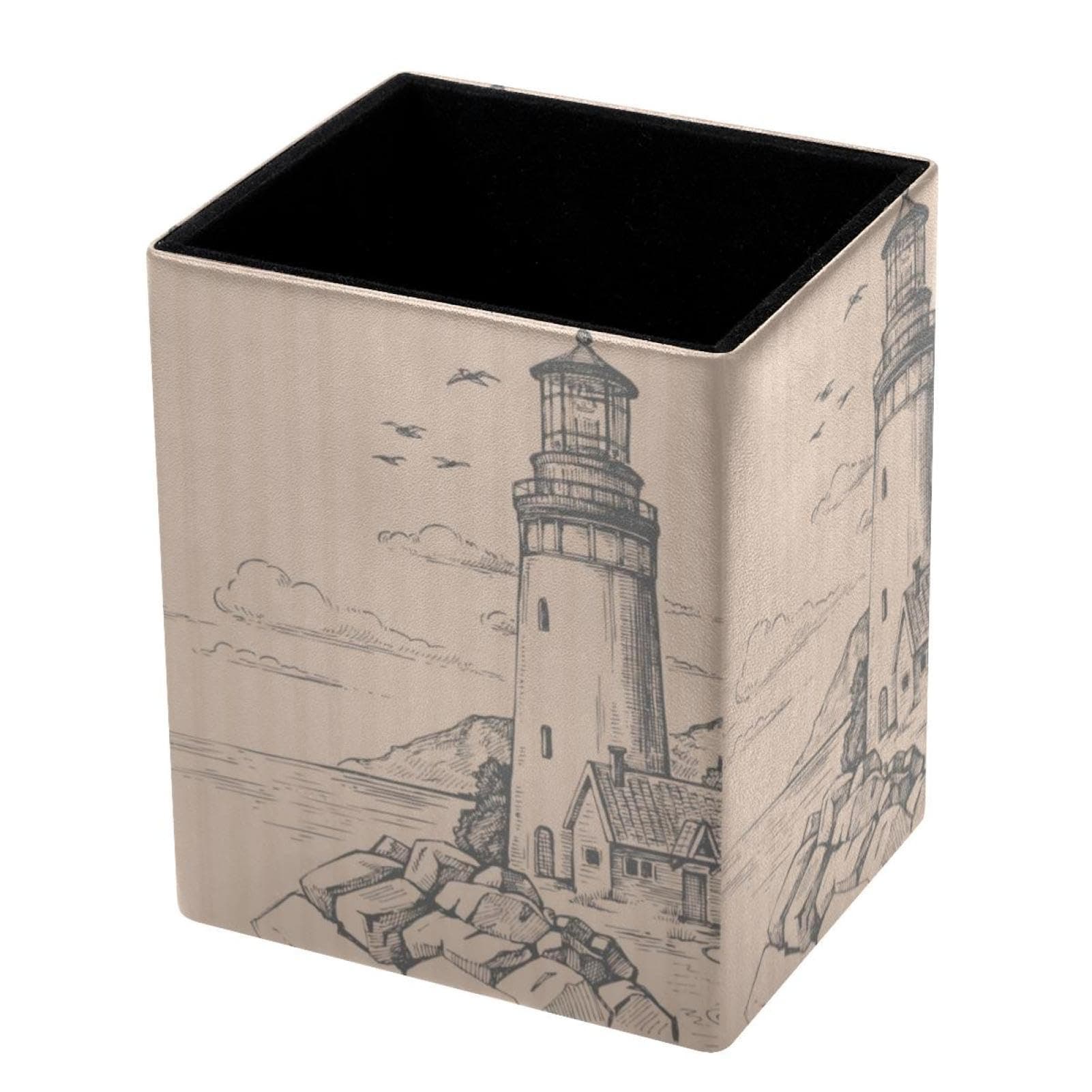 Pen Holder Cup for Desk, Hand Drawn Retro Ocean Lighthouse Desk Pen Organizer Decorative Desktop Accessories Holder Cup for Home, Classroom, Office, Teachers